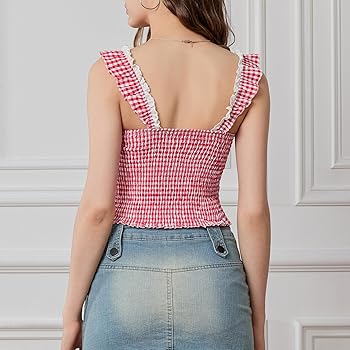 Women Gingham Lace Trim Crop Tank Tops Square Neck Corset
