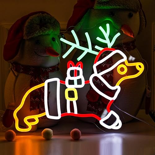 Letrero de neón de Navidad de Salchicha Dachshund Sombrero de Santa LED Regalo de Navidad para niños, amantes de mascotas, lámpara de astas de