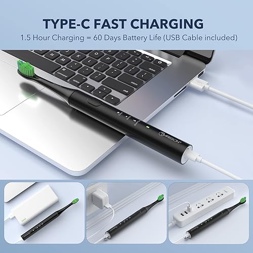 Miniatura 6 de ARISSON Cepillo de dientes eléctrico Sonic para adultos y niños con 4 cabezales de cepillo, carga rápida tipo C, maíz nuevo + negro medianoche
