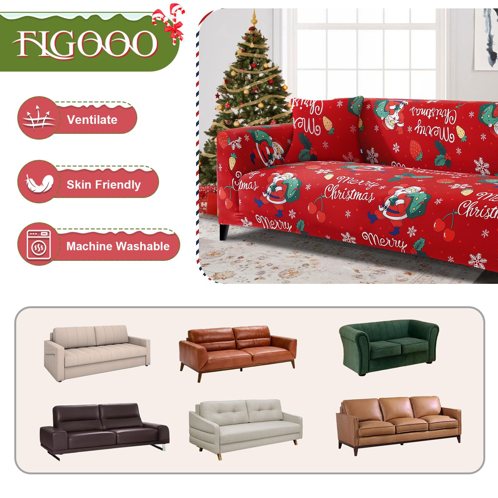 FIGOOO Copridivano Natalizio Elasticizzato 2 Posti Copridivano con Braccioli a Stampa Elemento Natalizio Copridivano Fantasia Lavabile Spandex Fodera per Divano,Ciliegia