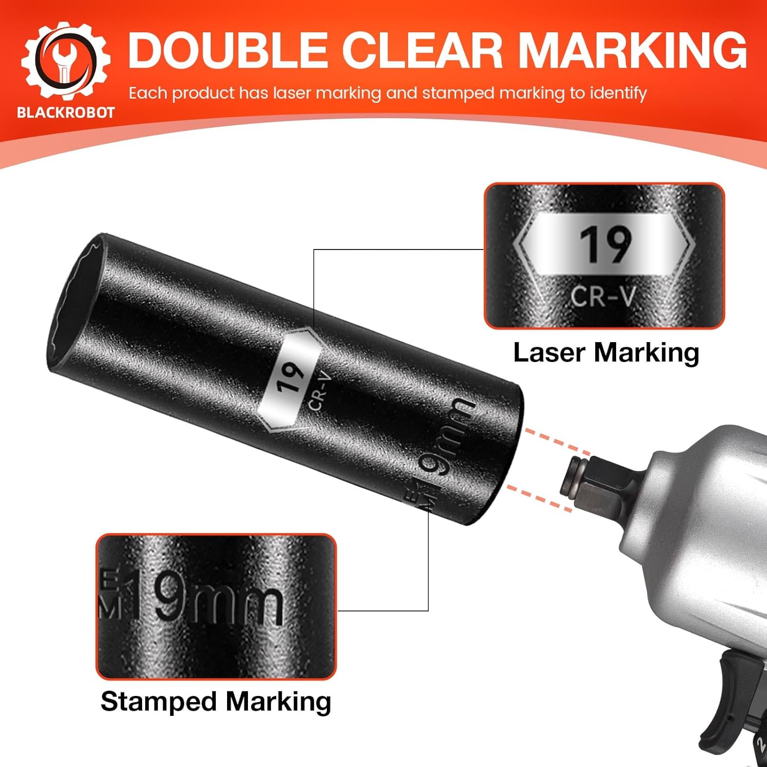 BLACKROBOT 19 mm 12-Point Deep Impact Socket, 1/2 Inch Drive, Metric, Cr-V Steel With Black Manganese Phosphate Coating