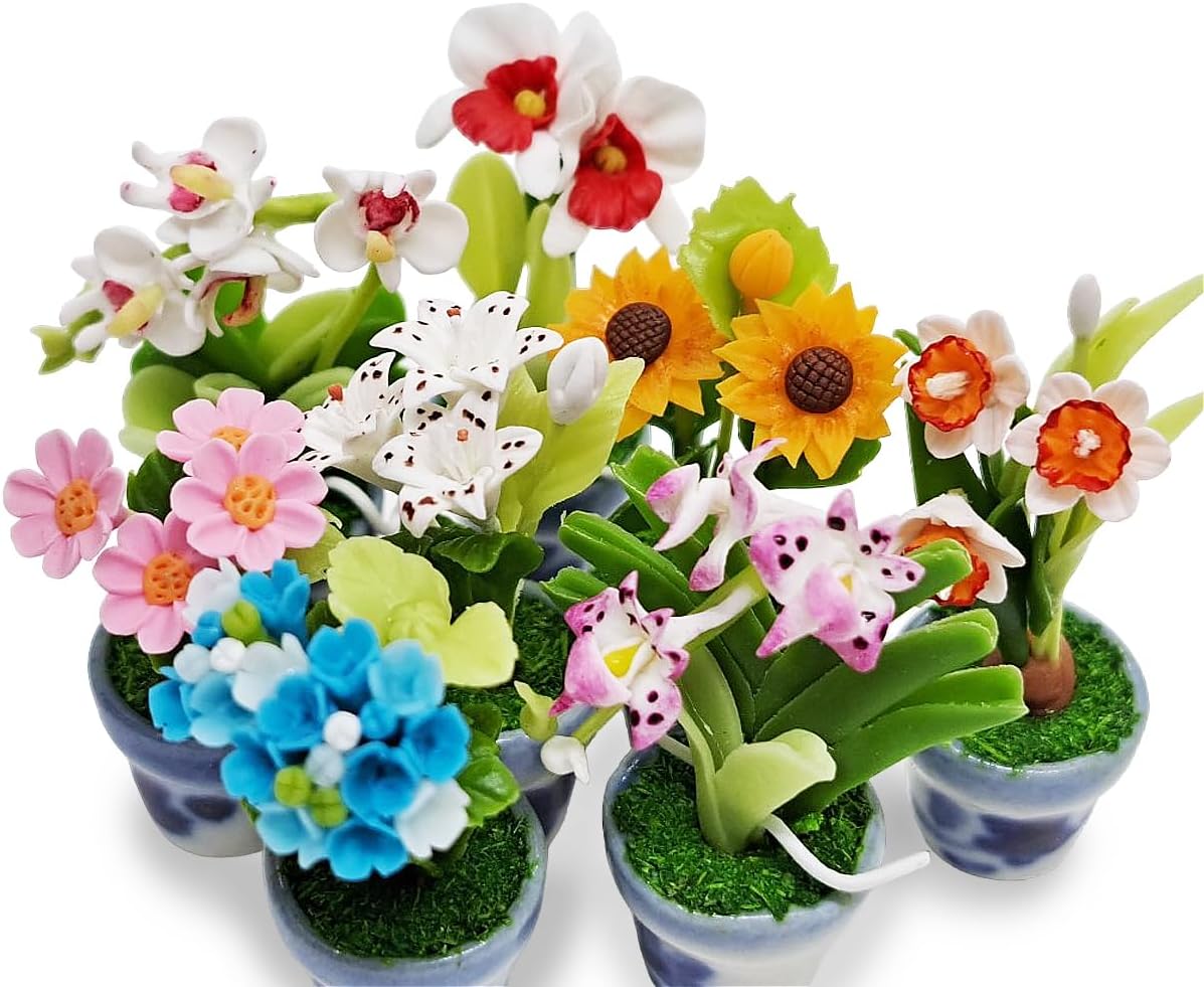 WitnyStore Tiny 2" High 8 Pieces Set Mix Hand Made Artificial Flowers Realistic Colorful Miniature Modelling Clay Flower Pots Brilliant Variety of Imitation House Plant Species Home Decoration