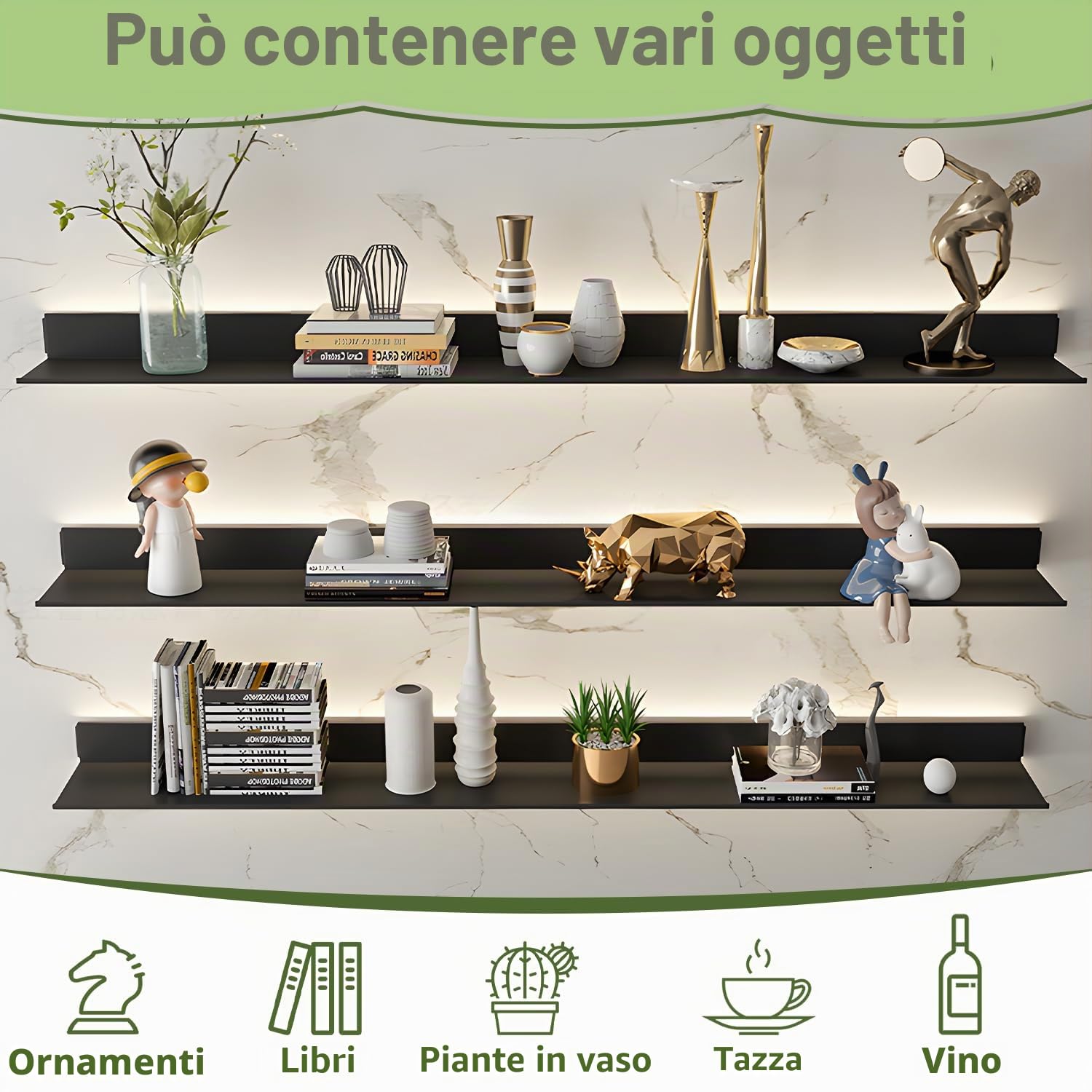 Regali a parete sospesi in metallo simdennr con luci LED, scaffale espositivo a sospensione per soggiorno, cucina, bagno, scaffale espositivo con luci LED integrate, nero, 60 cm