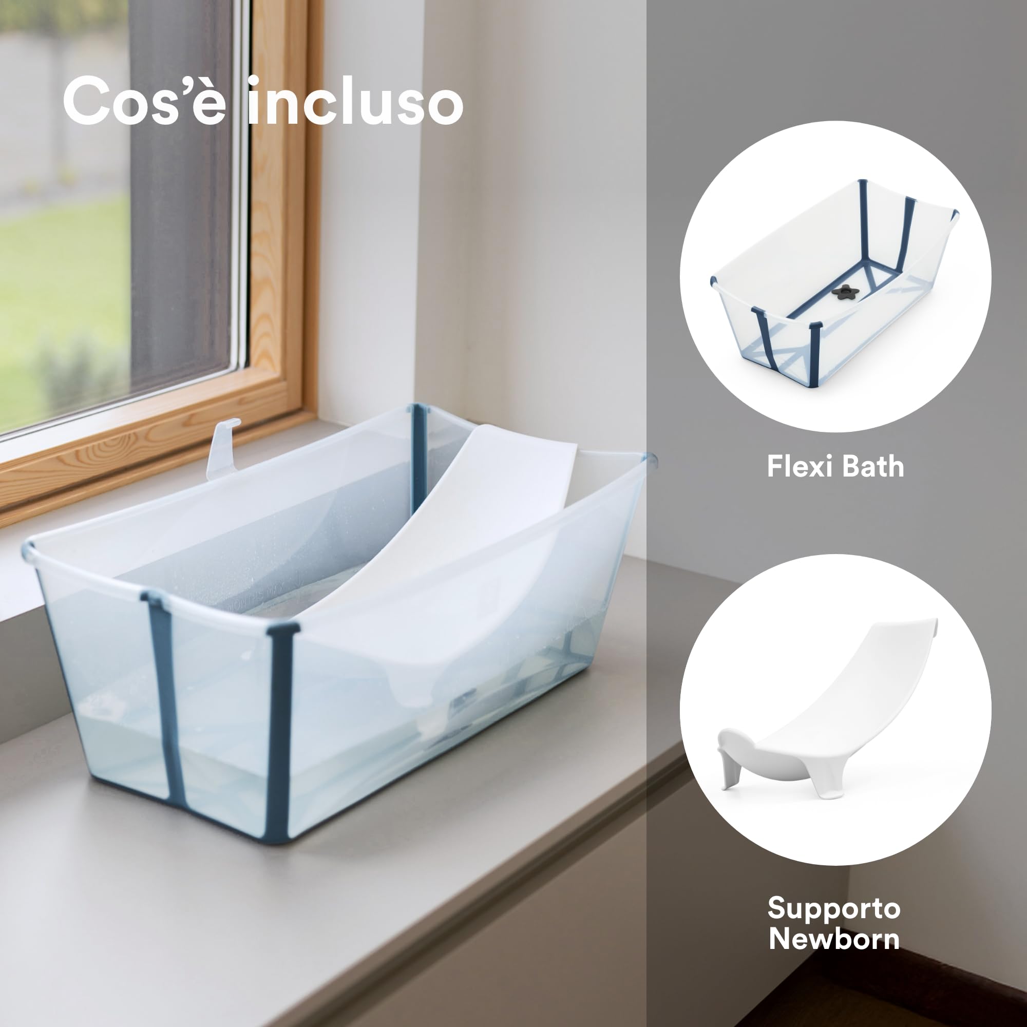 STOKKE Flexi Bath - Vasca da bagno pieghevole per neonati e bambini con supporto per neonati, colore: Blu trasparente