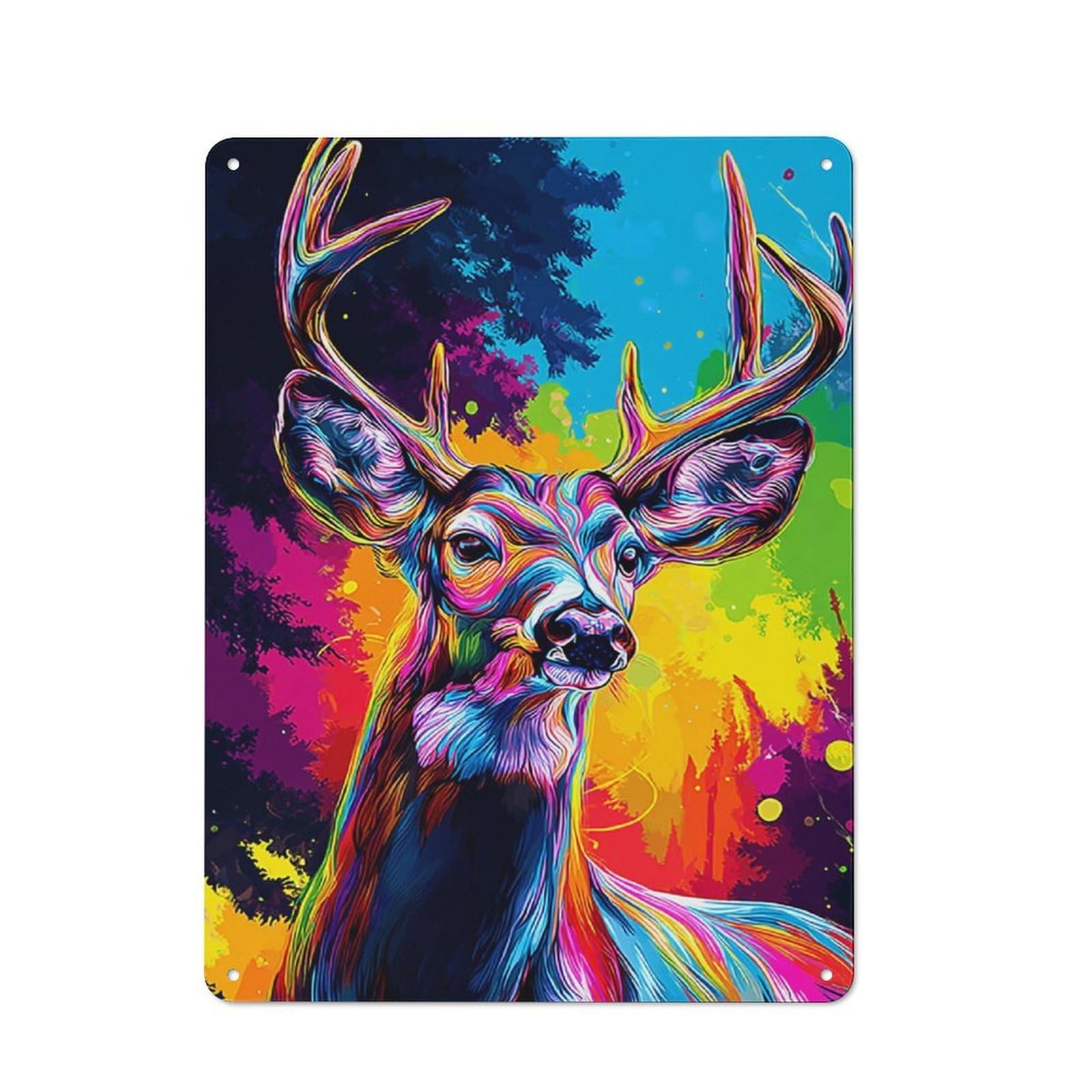 Junmoney Colorful Deer Portrait Artwork -3 Tin Wall Plaque 40X30cm With For Kitchen Or Home Bar, Suited To Kitchen Decor Lovers