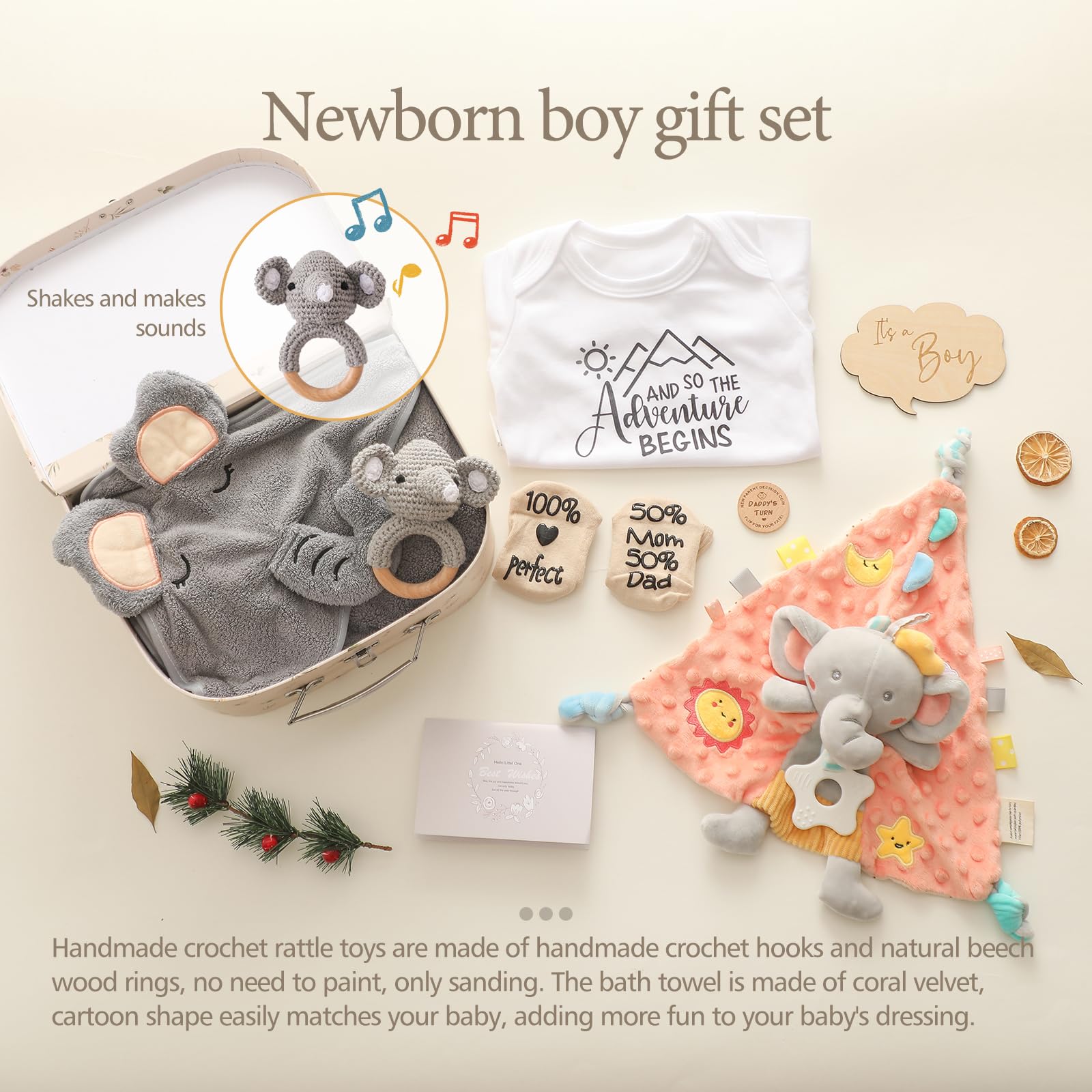 Baby Gift Set da Regalo neonato la nascita Baby Party Asciugamano da bagno Milestone Baby Coperta Romper Calzini Bambino Legno Crocheted Griffin Rattle Toy Foto Requisten (per il ragazzo)