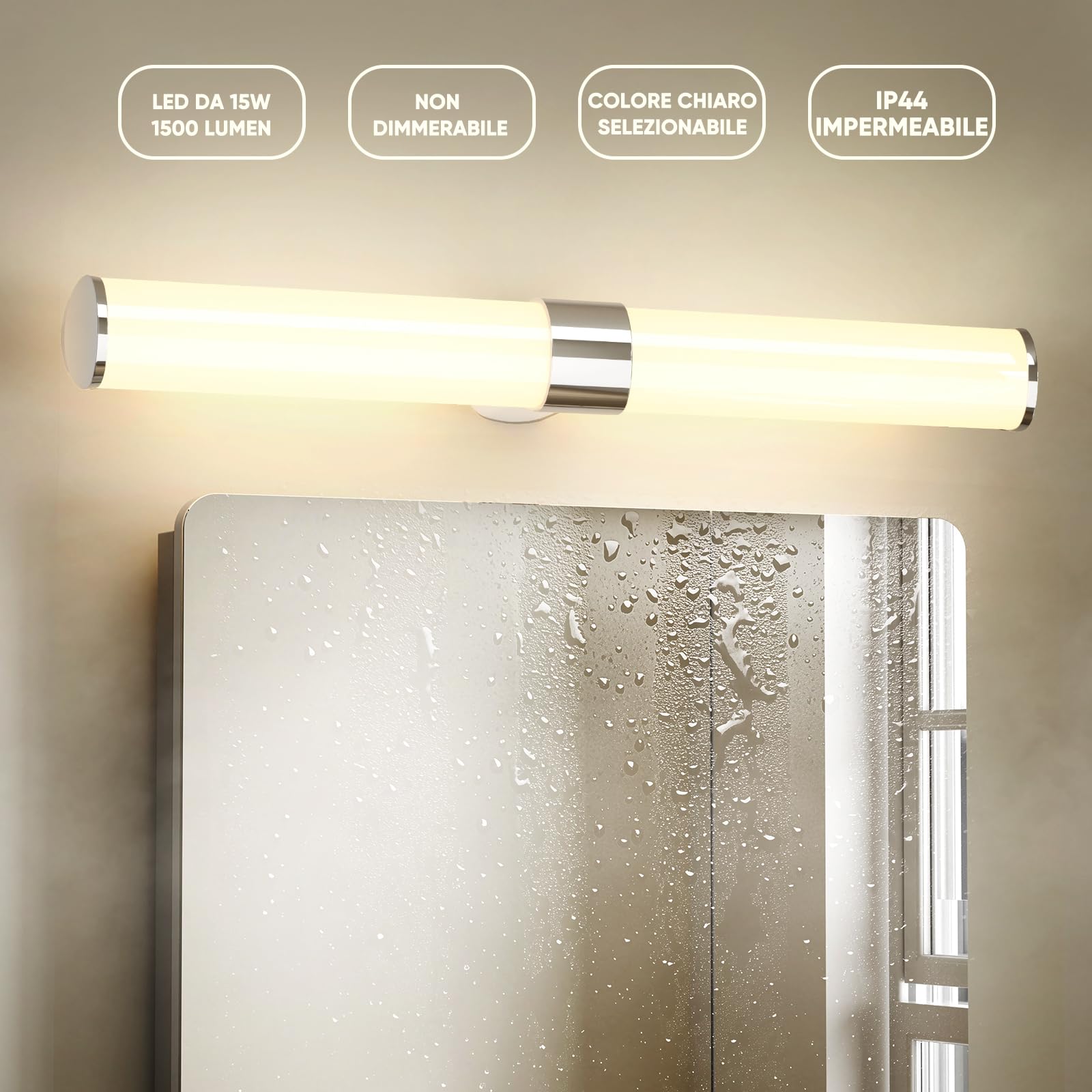 15W Lampada da Specchio a LED, 60CM Lampada Applique da Parete LED per sopra Armadio da Bagno, 1500Lm Non Dimmerabile, IP44 Impermeabile, 230V, Luce Calda Neutra Fredda