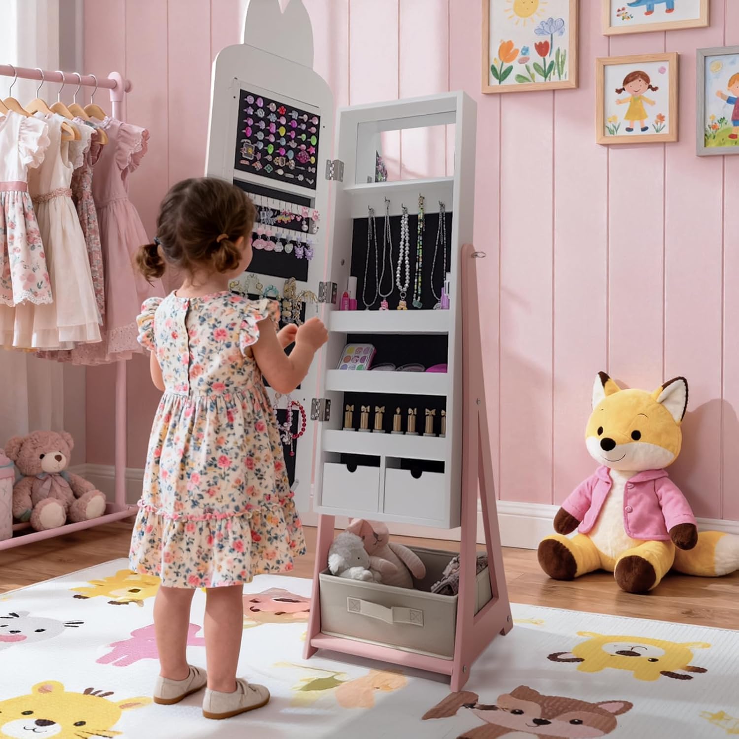 Karl home Kids Jewelry Armoire Cabinet with Removable Drawers, 45.5" Standing Jewelry Organizer with Full-Length Mirror, CuteRabbit-Shaped Kids Dress Up Jewelry Cabinet for Little Girls, White