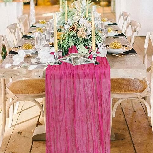 Miniatura 7 de Camino de mesa de estopilla rosa intenso de 10 pies, paquete de 2 caminos de mesa bohemios, para decoración de boda, despedida de soltera,