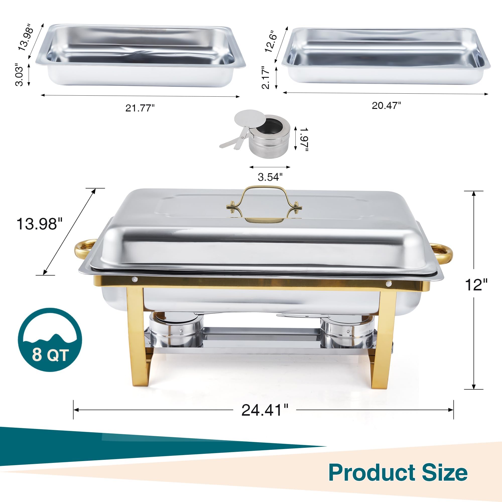 Garvee Set de 4 bandejas rectangulares para Buffet de 8L – Acero Inoxidable Dorado – Calienta Alimentos con Tapa y Soporte Plegable – para Catering, Fiestas, Bodas y restaurantes – 4 Piezas, Dorado,