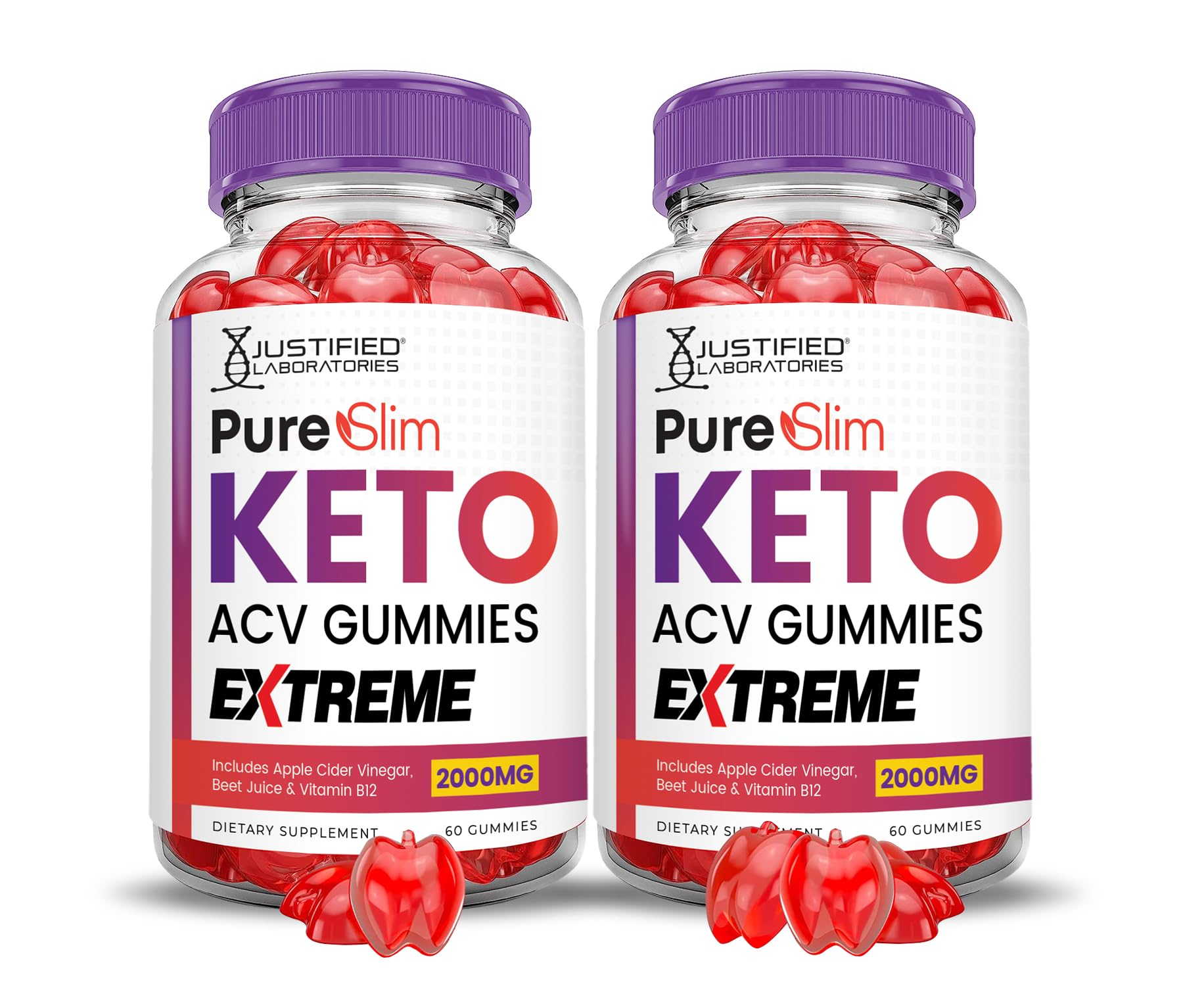 Justified Laboratories (2 Pack Pure Slim Keto ACV Gummies Extreme 2000MG PureSlim Keto Gummies Advanced Formula Apple Cider Vinegar with Pomegranate Beet Juice Powder B12 Vegan Non GMO 120 Gummys