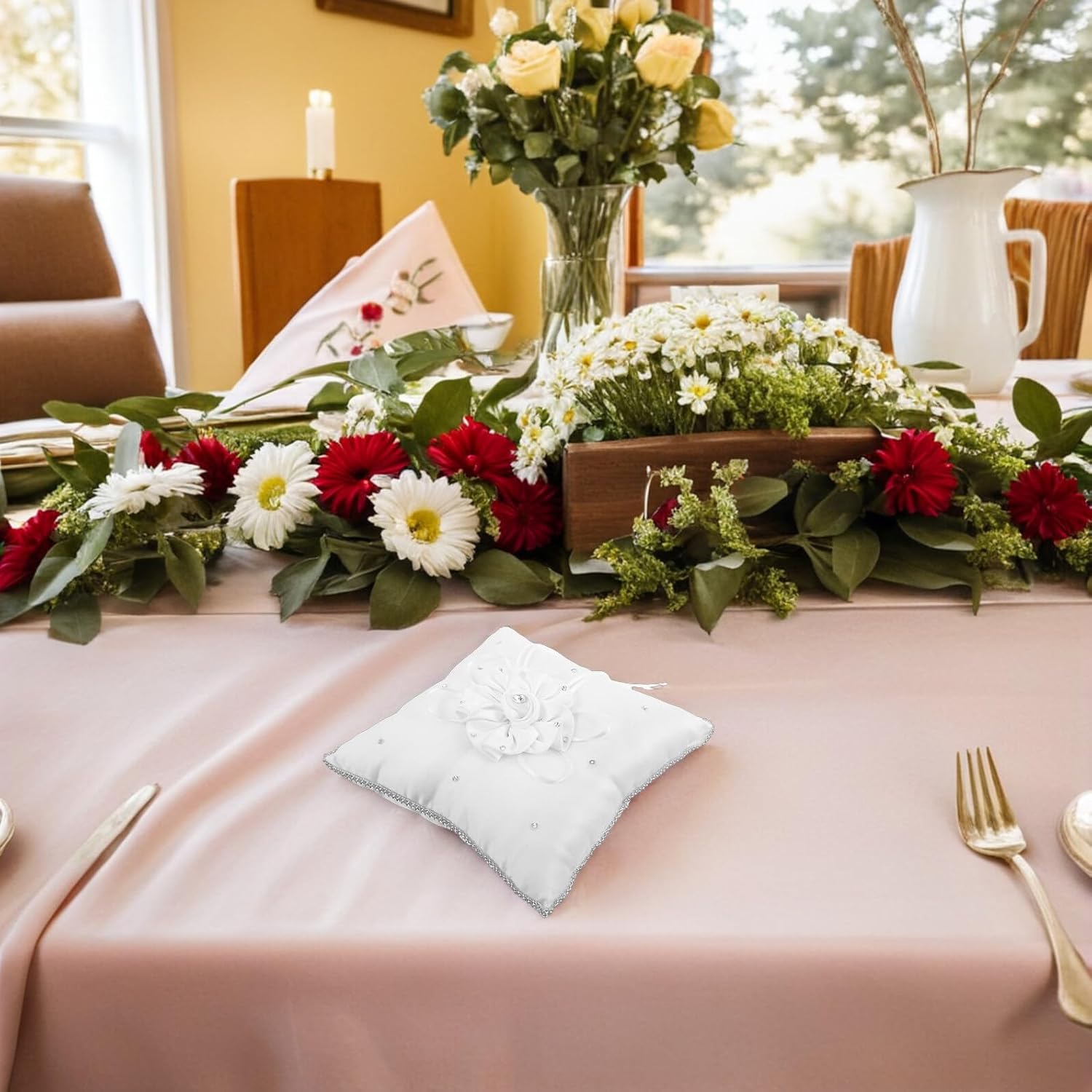 BESPORTBLE Wedding Ring Bearer Pillow Square Decorative Cushion with Rhinestone Embellishments and Floral Bowknot for Bridal Ceremony and Engagement