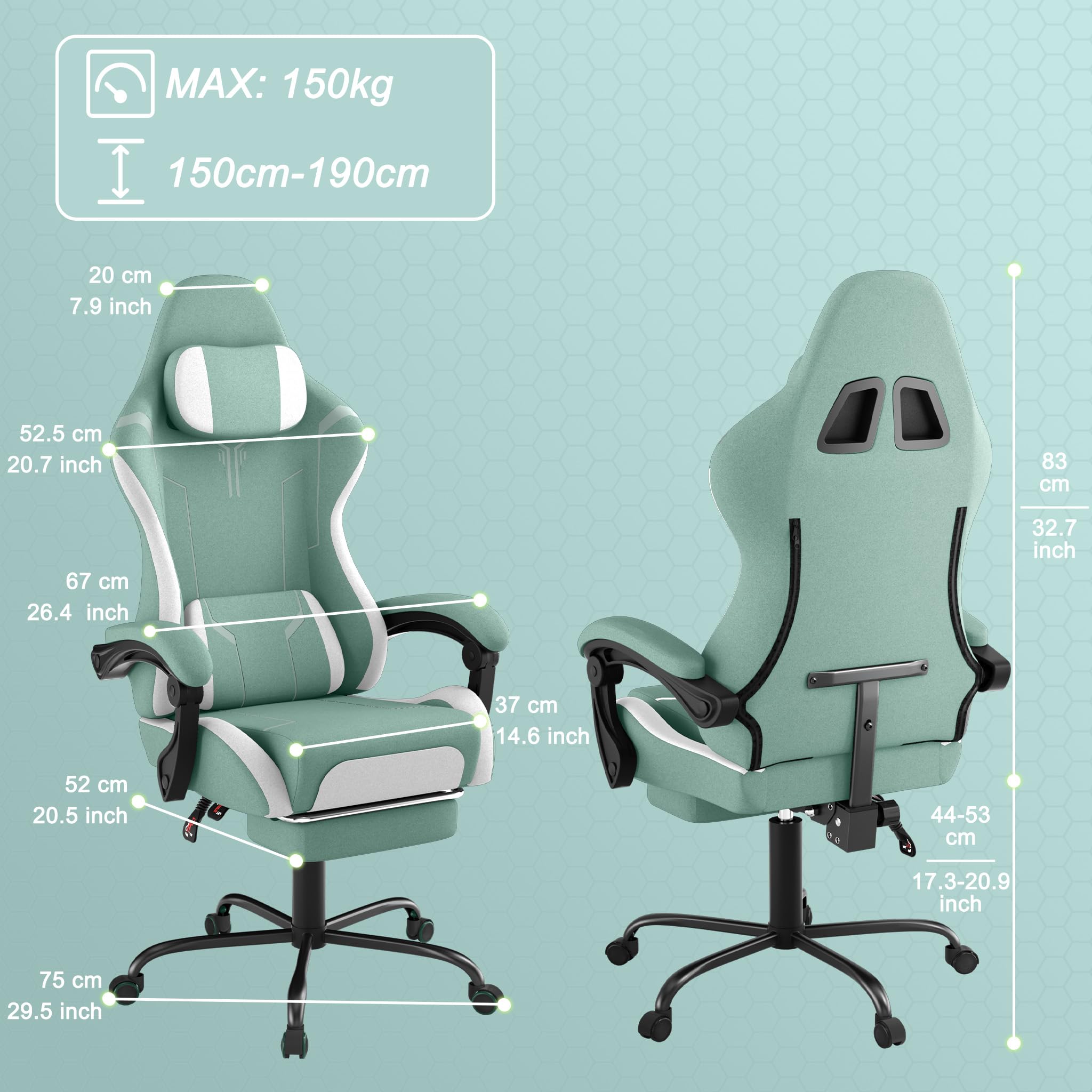 ACXIN Silla de gaming con reposapiés y reposacabezas, silla ergonómica para gaming con cojín lumbar de masaje, respaldo ajustable 90-135°, reposabrazos acolchados para gamer - Verde