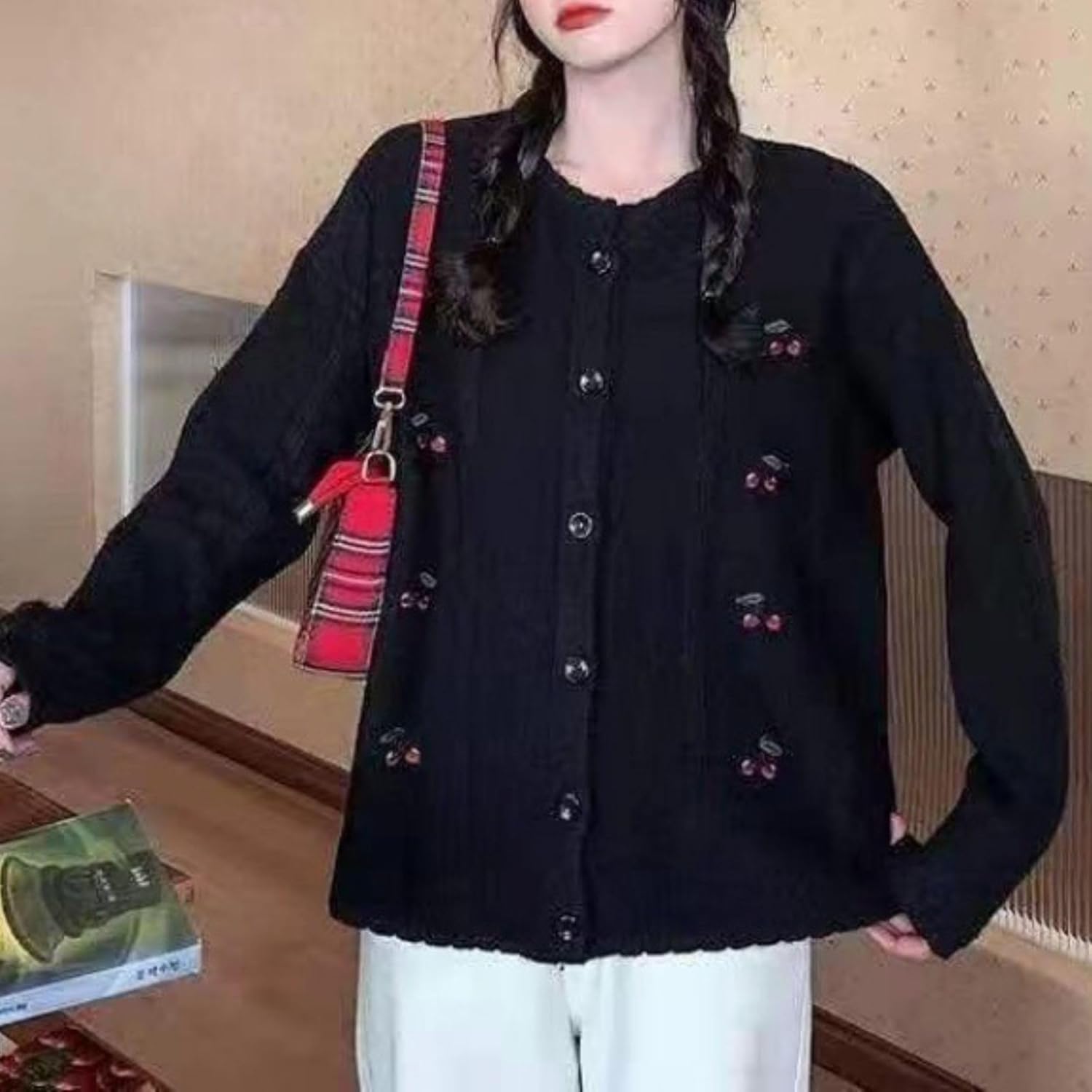 Xunger Women's Cherry Embroidery Knit Cardigan Soft Lightweight Long Sleeve Sweater Coat Cute Loose-Fit Round Neck Blouse - Image 4