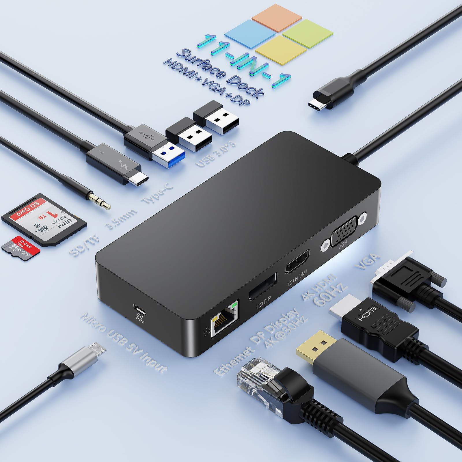 Nouvelle Surface Thunderbolt 4 Dock,11en1 Stations d'accueil Surface Triple écrans Hub avec 4K HDMI+DP+VGA pour Surface Pro 11/10/9/8/X/7+/7,Laptop 7/6/5/4/3,Laptop Studio 2/1,Go 3/2/1