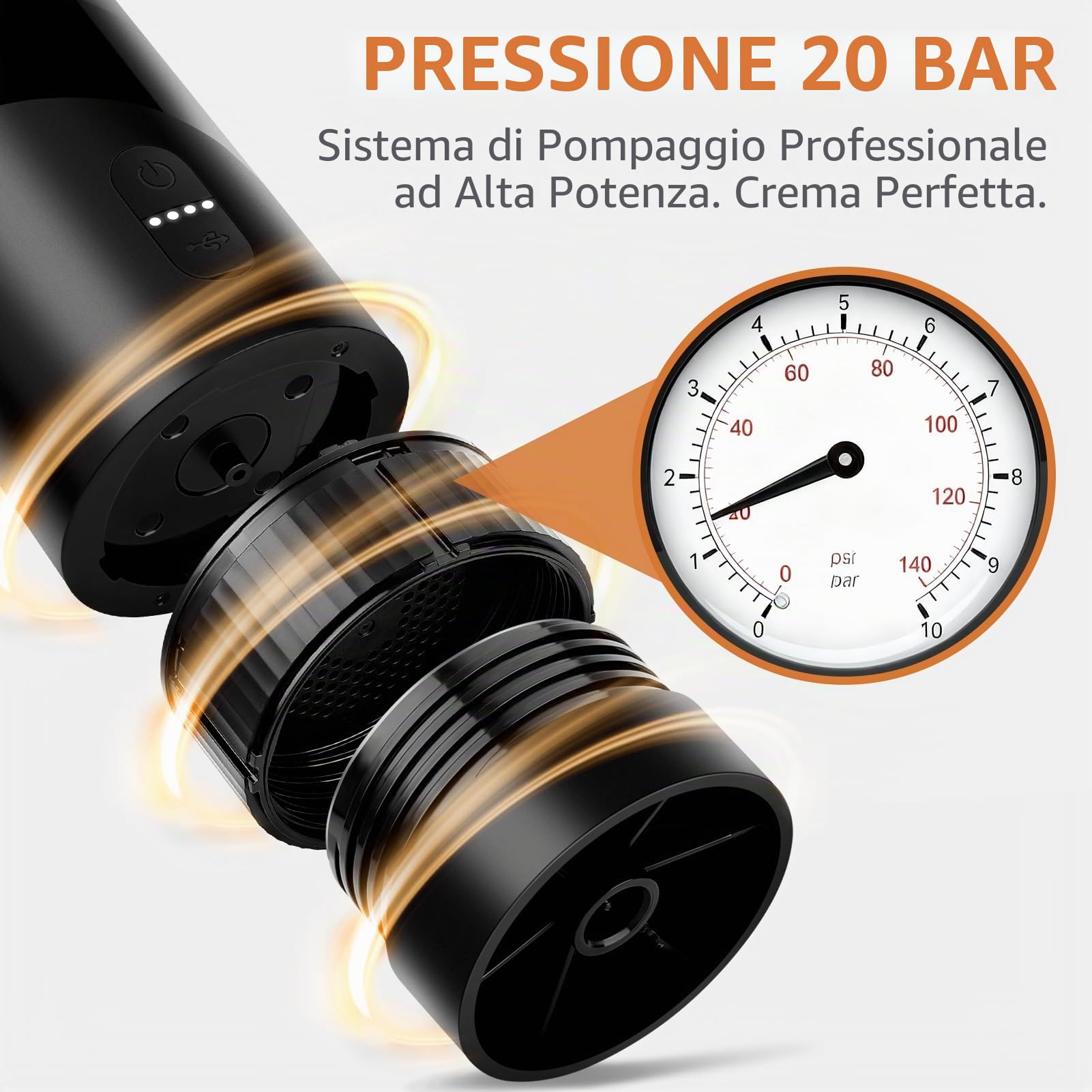 Macchina da Caffè Portatile, Serbatoio da 100 mL per Doppio Espresso, Protezione IPX5, 20 Bar, Compatibile con Capsule Nespresso Original e Caffè Macinato, per Auto, Campeggio e Ufficio