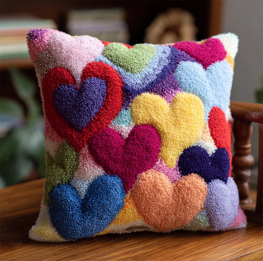 kitphoenix Latch Hook Cushion Kit -Heart-Shaped Balloons 17X17Inch, DIY Needlework Pillow Cover Cushion Rug Making Kit for Adults