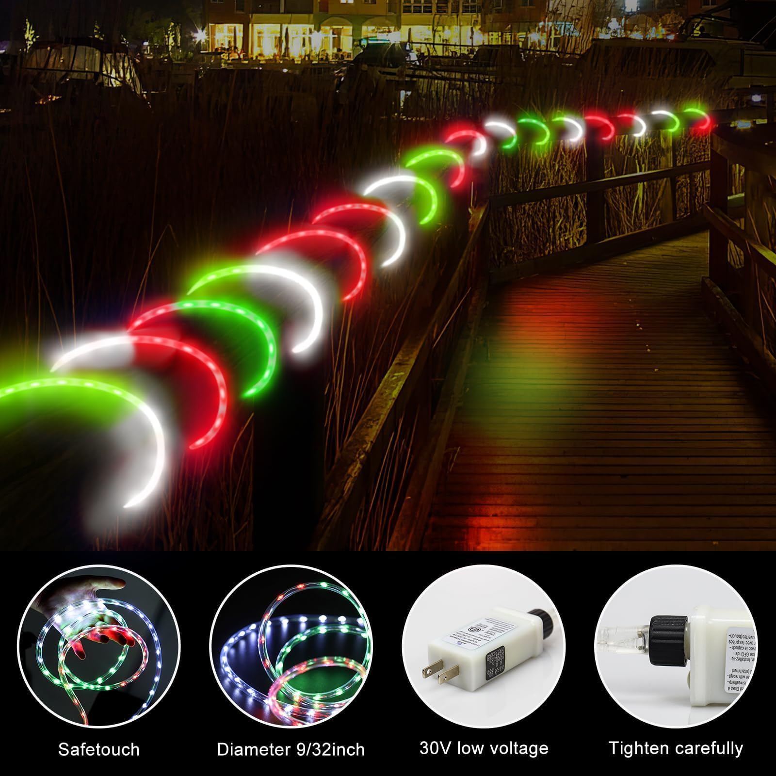 Luci natalizie per esterni, 15 m, 600 LED rosso, bianco, verde, impermeabile, con 8 modalità di memoria, luci natalizie permanenti per albero, recinzione, giardino, decorazioni per feste