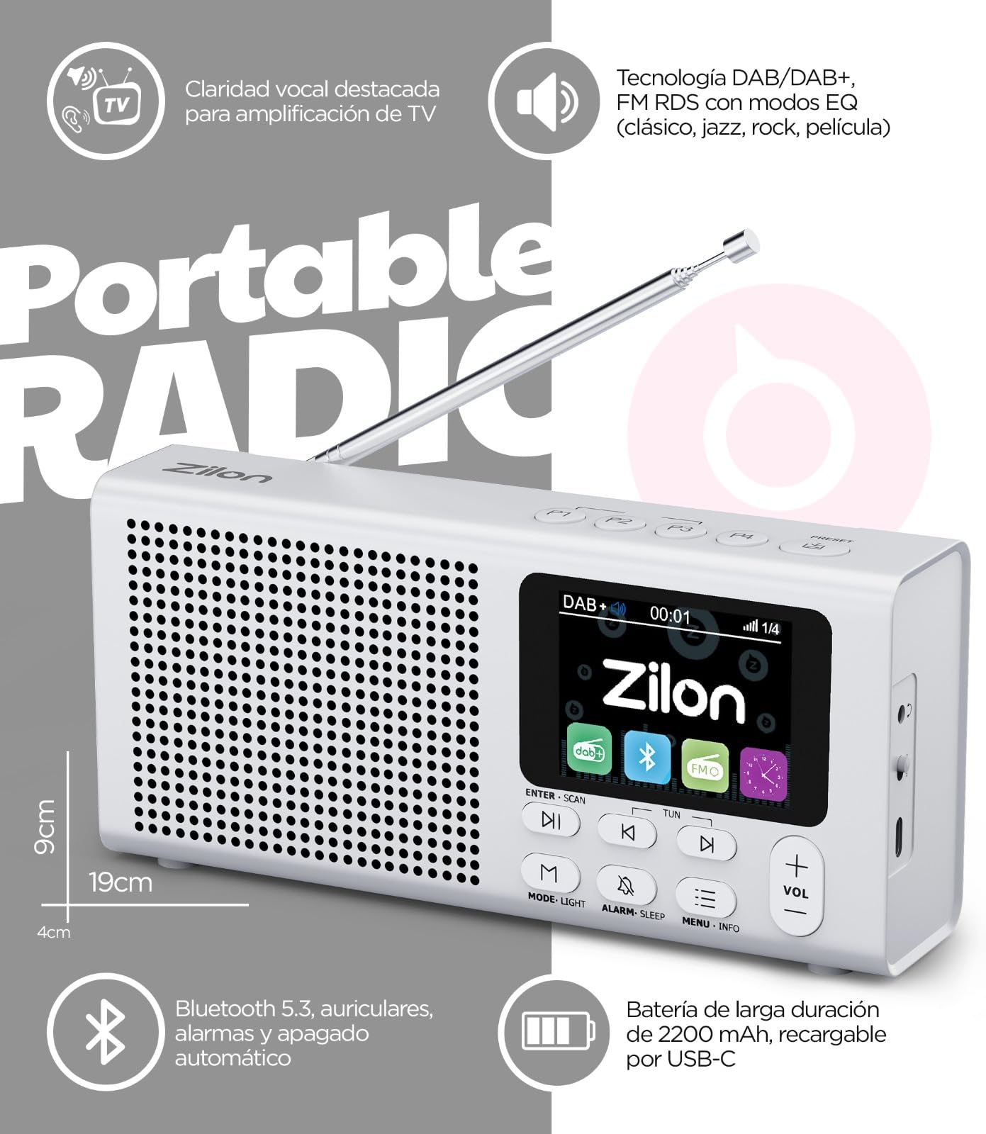 ZILON Radio Portatil Digital Dab+ FM Bluetooth Recargable Kit Emergencias - Altavoz Compacta Mediana con Bateria 2200mAh USB C Pantalla LCD Color Ideal para Cocina Camping Alarma Reloj TV y Trabajo
