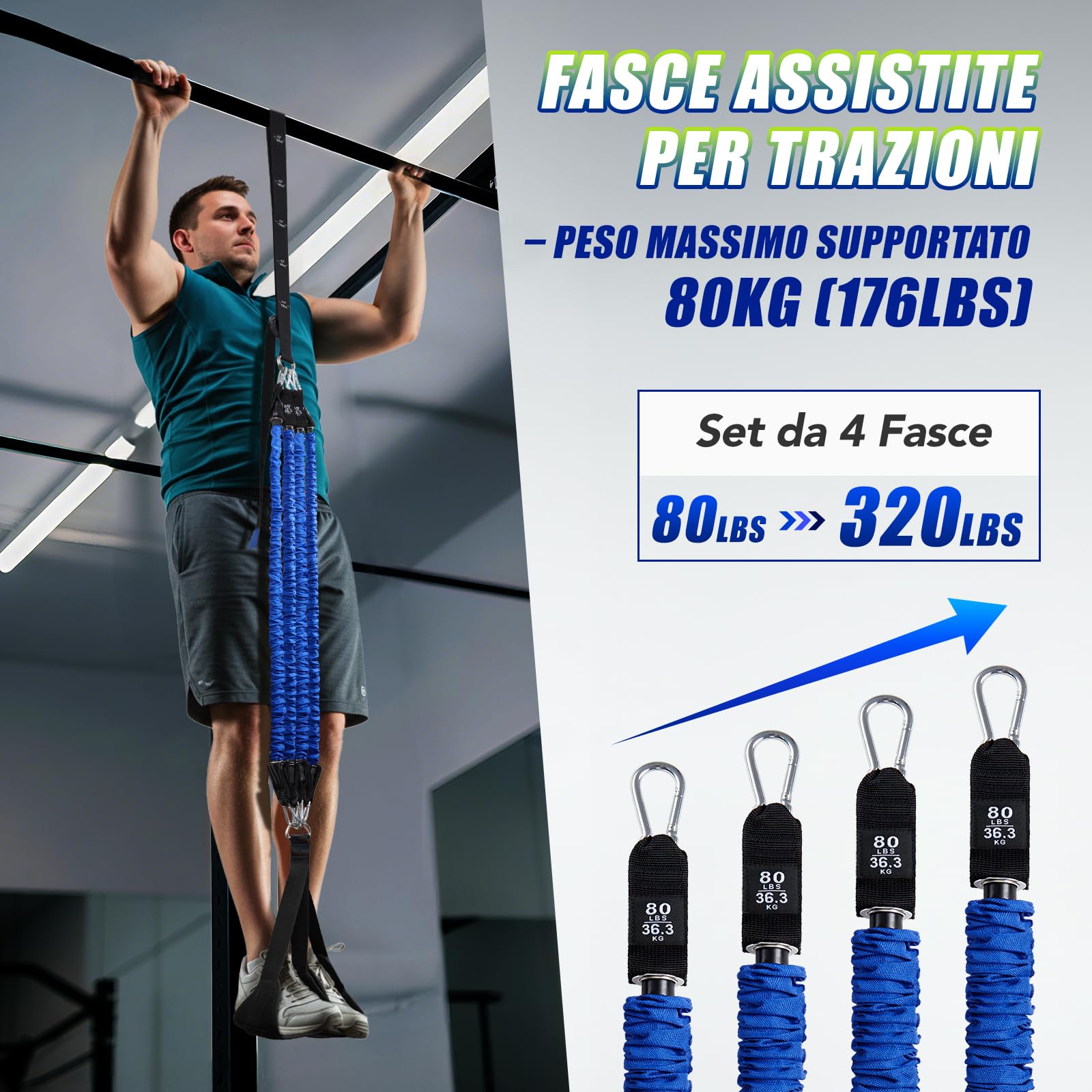 ALongSong Elastici Fitness Resistenza per Trazioni con 4/5 Fasce, Intervallo di Elastico Fitness da 80-320Lbs/80-400Lbs e Piattaforme per i Piedi Regolabili per Allenamento Palestra