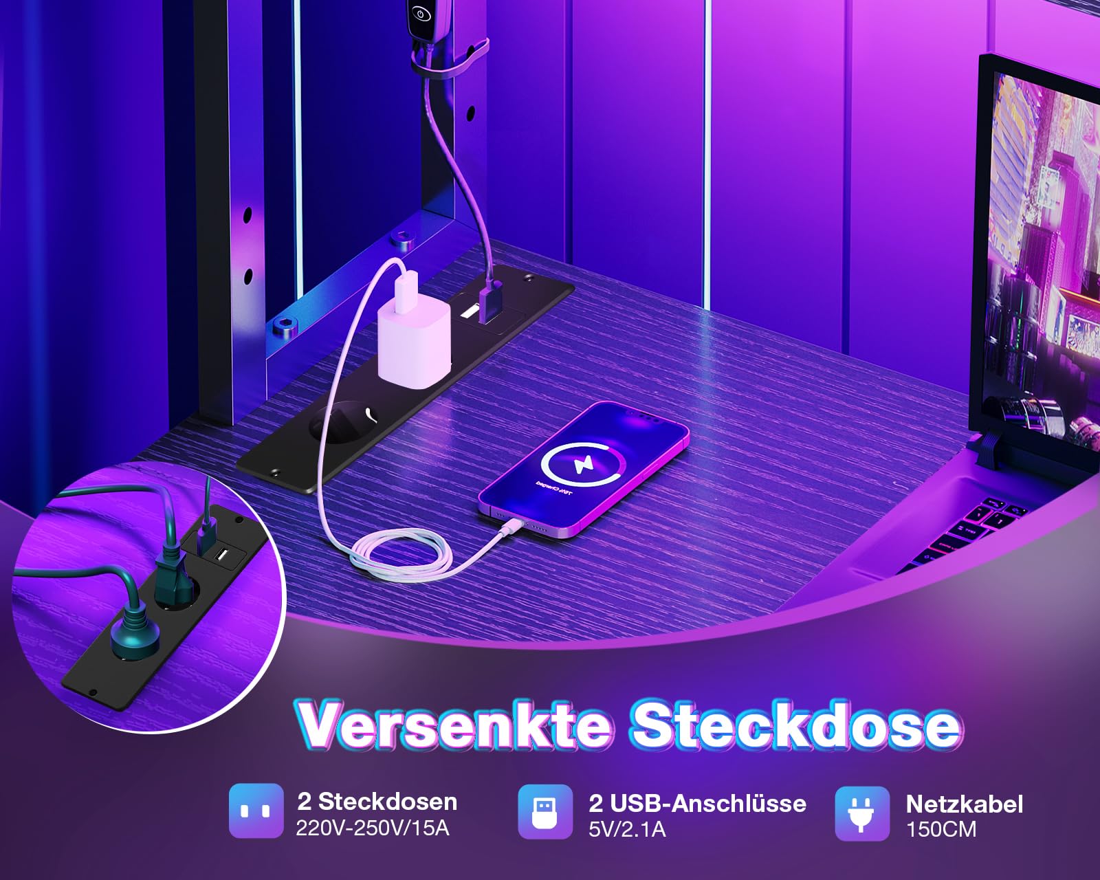 Coleshome Gaming Tisch L Form mit LED & Steckdosen, 110 × 80 cm Reversibel Gaming Schreibtisch mit Ablageregalen, Eckschreibtisch mit Aufbewahrungstasche für Homeoffice und Gaming, Schwarz