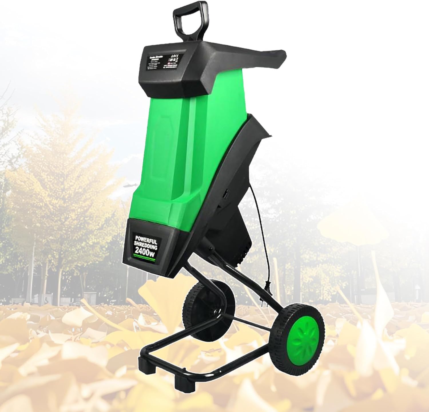 Wood Chipper, 2400W Garden Shredder, Electric Mulcher Shredder, 1.5 Inch Cutting Diameter, Safety Locking Knob, for Easy Cleanup for Branches, Leaves,Yard Waste Green