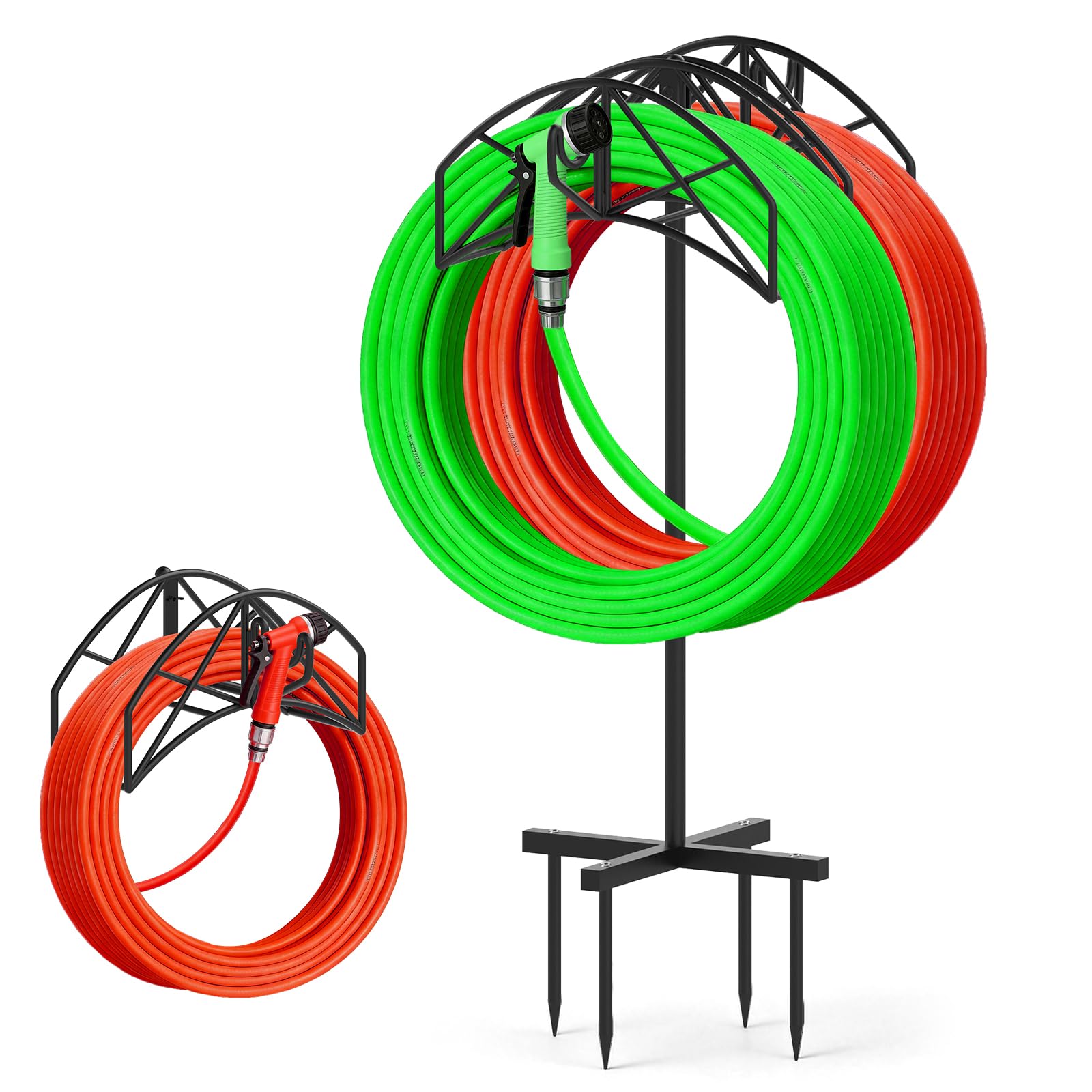 Photo 1 of WellSign Garden Water Hose Holder Freestanding or Wall Mount, Metal Heavy Duty Hose Hanger Storage Stand Holds 2 Pcs 160Ft Hose for Outside Yard Lawn Farm with 90° Rotatable Hook for Storing Faucets