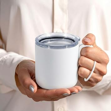 Paslanmaz Çelik Termos Mug - 320ml Vakumlu Seyahat Bardağı - Sızdırmaz Şeffaf Kapaklı ve Ergonomik Saplı Kamp Kupası - Ofis ve Dış Mekan İçin Isı Yalıtımlı Modern Kupa (Beyaz)