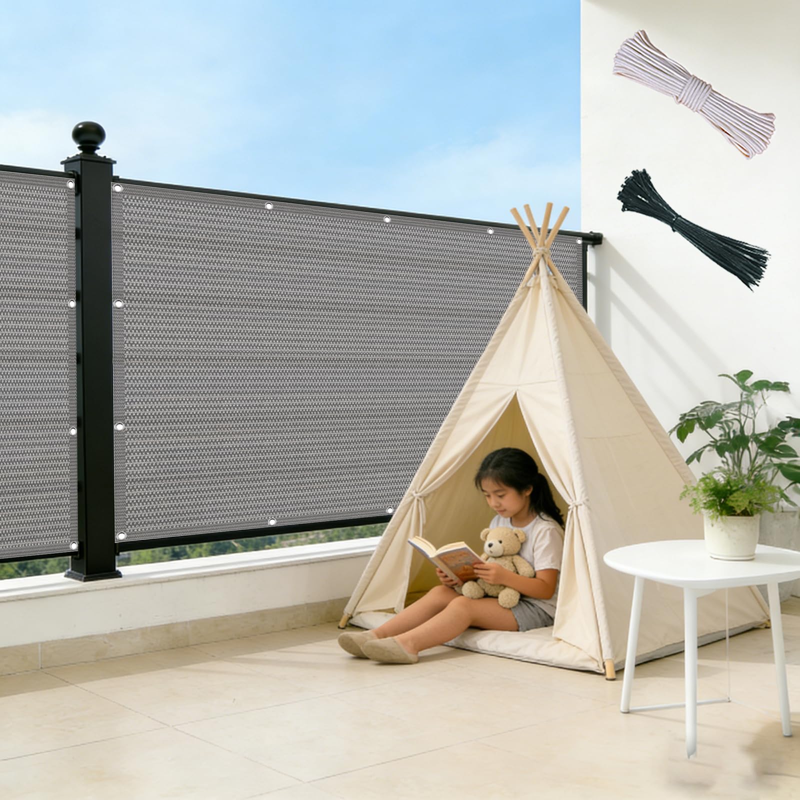 Rete Ombreggiante 180 x 380 cm in Hdpe, Traspirante, Protezione Uv, Frangivento, Protezione Privacy, Telo Frangivento per Balconi con Funi e Fascette per Giardino Terrazza, Grigio
