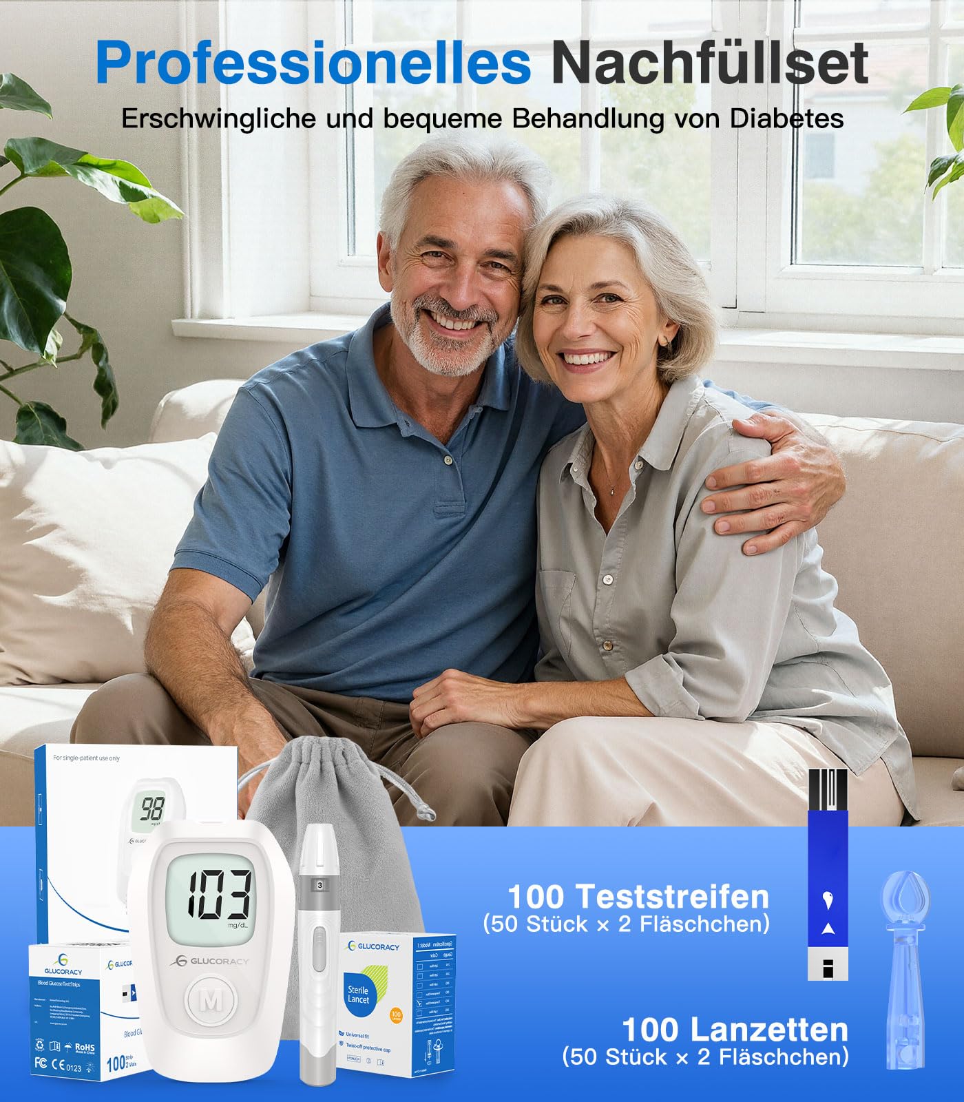 Glucoracy G-425 Blutzuckermessgerät-Set, Blutzuckertest-Set mit Stechhilfe, 100 Teststreifen und 100 Lanzetten, Glukosemessgerät für zu Hause, Diabetes-Selbsttest-Set für den Heimgebrauch