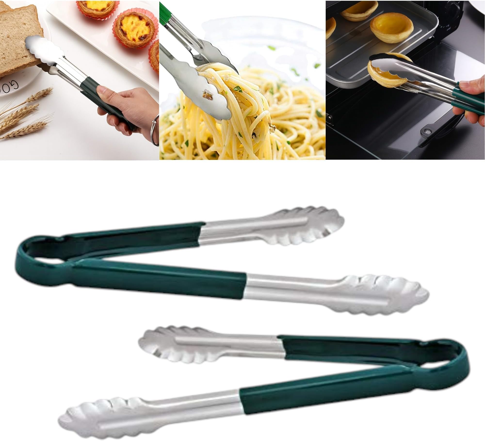 THW 12 Inch Stainless Steel Utility Tongs with Green Vinyl Coated Handle- Heavy Duty Long Kitchen Tongs for Barbecue Grilling Cooking Roasting Serving Buffet Salad Ice Oven, Pack of 2 Pieces