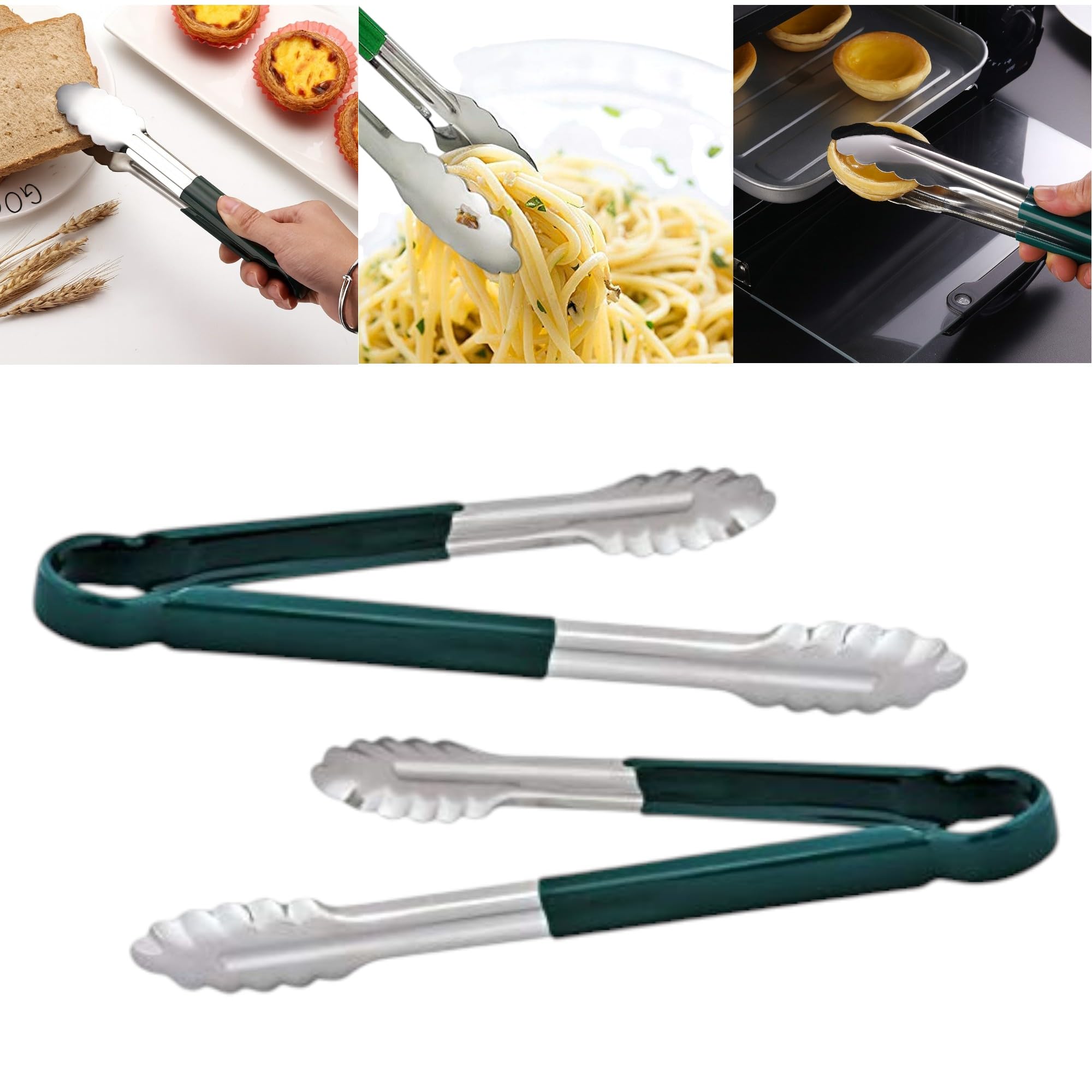 THW 12 Inch Stainless Steel Utility Tongs with Green Vinyl Coated Handle- Heavy Duty Long Kitchen Tongs for Barbecue Grilling Cooking Roasting Serving Buffet Salad Ice Oven, Pack of 2 Pieces