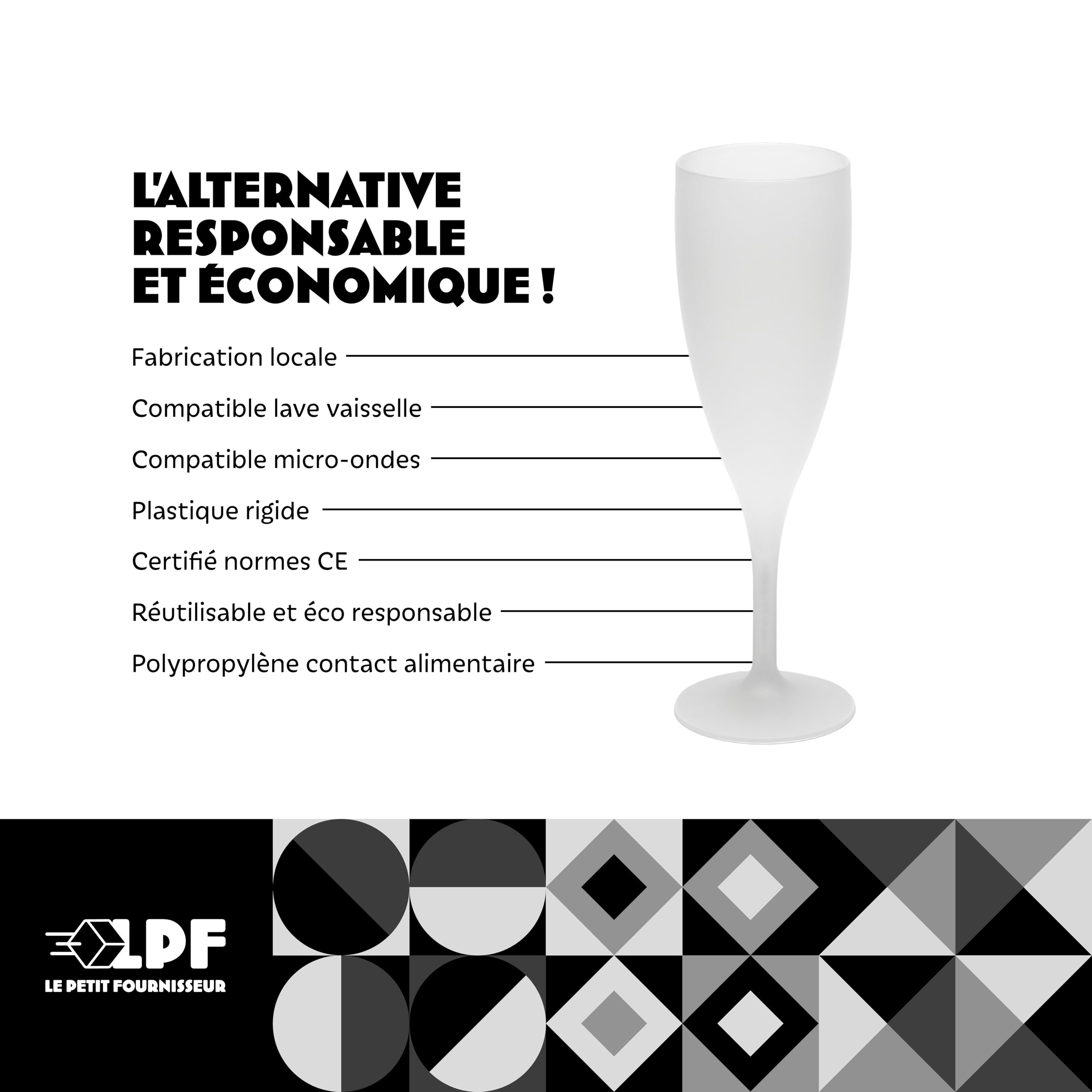 LPF LE PETIT FOURNISSEUR - Lot de 50 Flûtes à champagne réutilisables 12cl (15cl max) - Polypropylène plastique alimentaire - Verre à champagne durable - Compatible lave-vaisselle - Couleur givrée