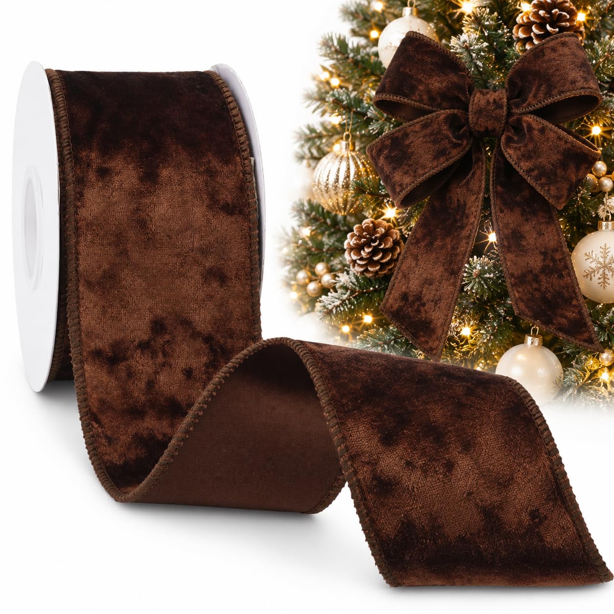 GXTIZAS Brown Velvet Wired Ribbon, 2.5 Inch x 5 Yards, Christmas Decor