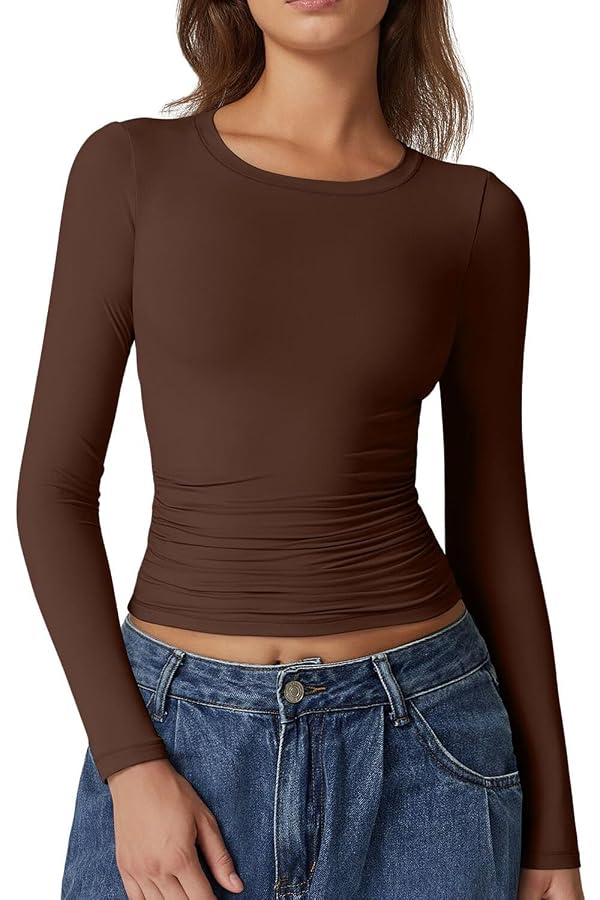 QINSEN Double Lined Long Sleeve Shirts for Women Crewneck Ruched Slim Fit Y2k Tops Going Out Tees Mocha XS by QINSEN - Image 2