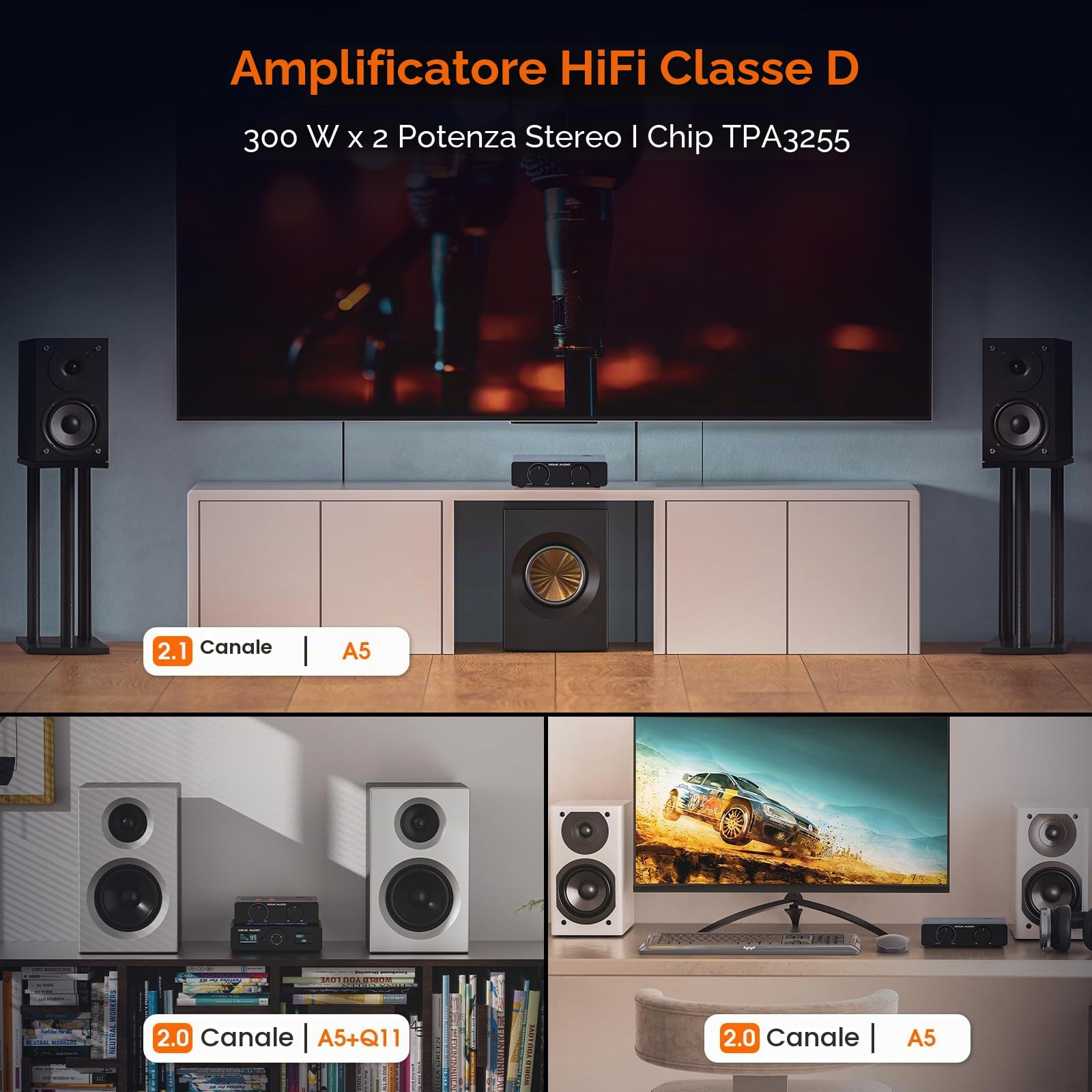 Douk Audio Amplificatore stereo A5 TPA3255, 600 W Mini HiFi Audio Amplificatore di potenza classe D per sistema home cinema, altoparlante a torre passiva con filtro passivo + alimentatore da 48 V