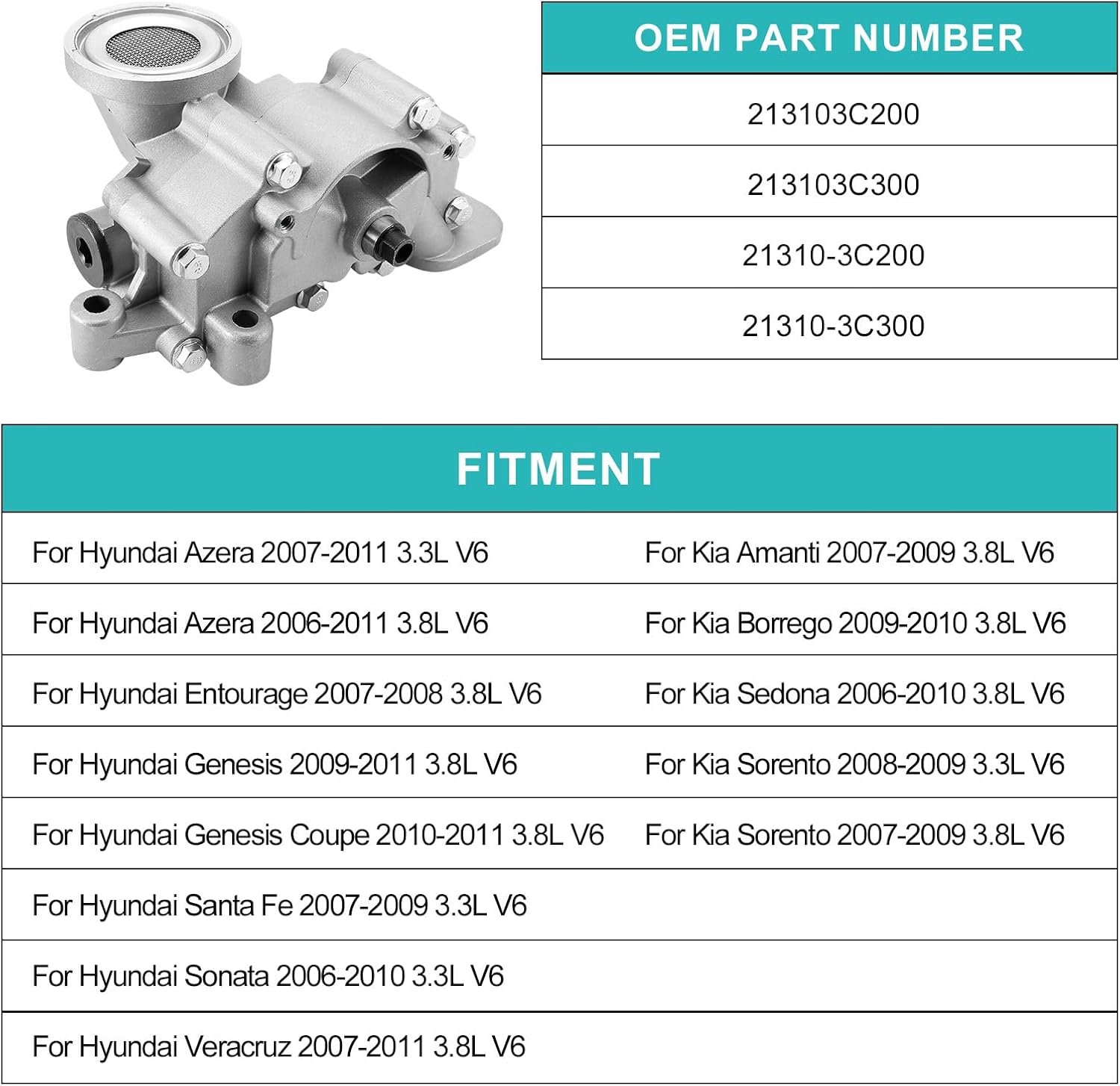 21310-3C300 21310-3C200 Engine Oil Pump (3.3L 3.8L) 2006-2011 For Hyundai Azera Entourage Genesis Coupe Santa Fe Sonata Veracruz, Kia Amanti Borrego Sedona Sorento 213103C200 213103C300