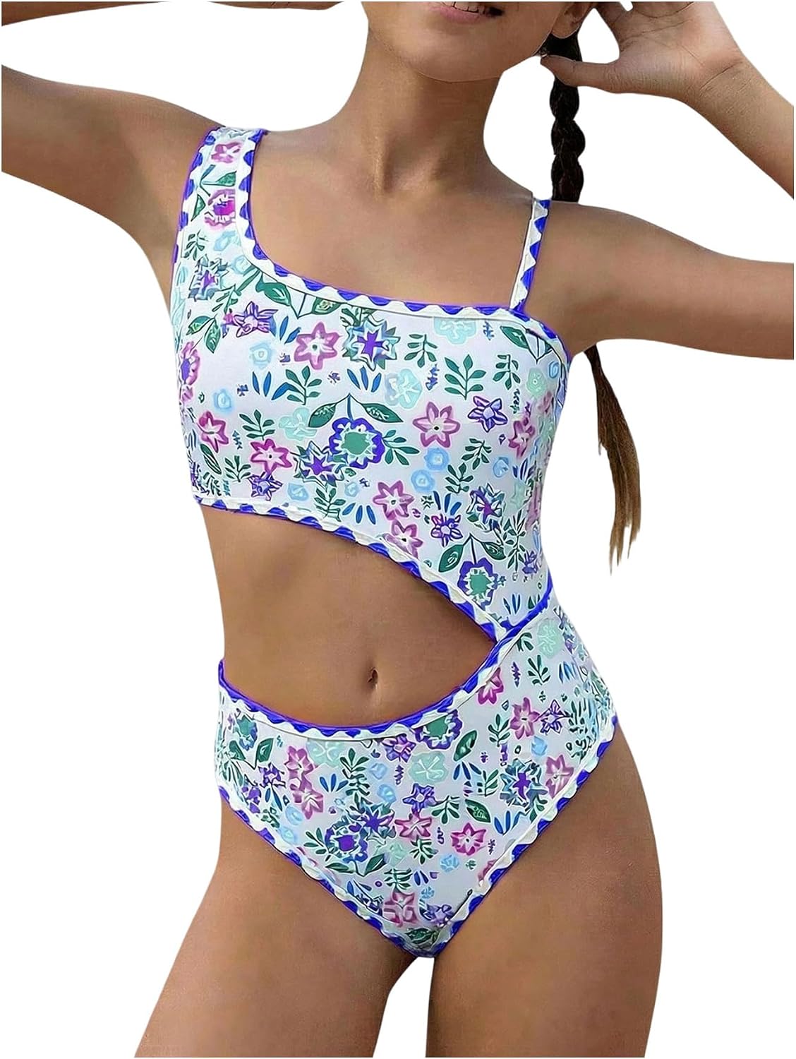 Verdusa Girl's Cute Bathing Suit Asymmetrical Floral Cut Out One Piece Swimsuits Sleeveless Swimwear Vacation Outfits