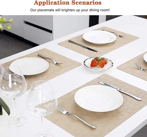 Miniatura 5 de Manteles individuales de piel sintética, 6 piezas resistentes al calor, fáciles de limpiar, antideslizantes, para mesa de comedor, impermeables,