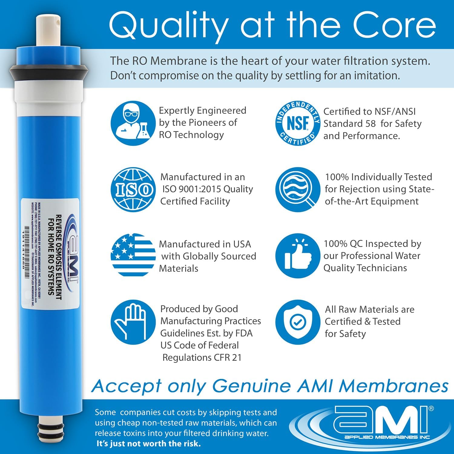 APPLIED MEMBRANES INC. 100 GPD Reverse Osmosis Membrane | RO Membrane Water Filter Replacement for Reverse Osmosis Water Filtration System | 1.8” x 12” Universal Compatibility | Made in USA