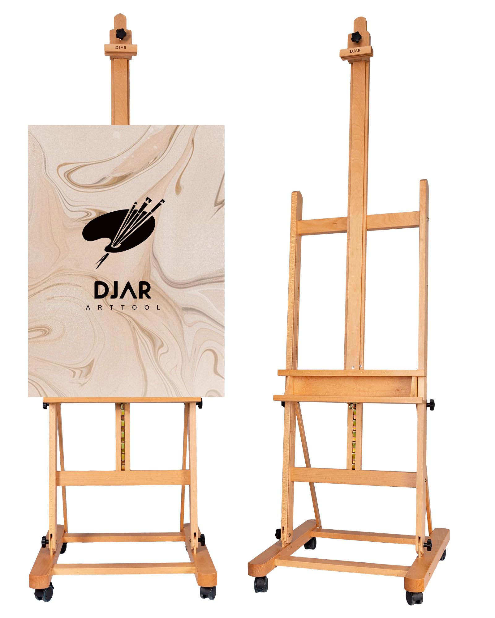DJAR Caballete de Estudio Grande en H, Soporta Lienzos hasta 236 cm, Caballete de Suelo Ajustable de Haya Maciza con Ruedas 360°, Natural