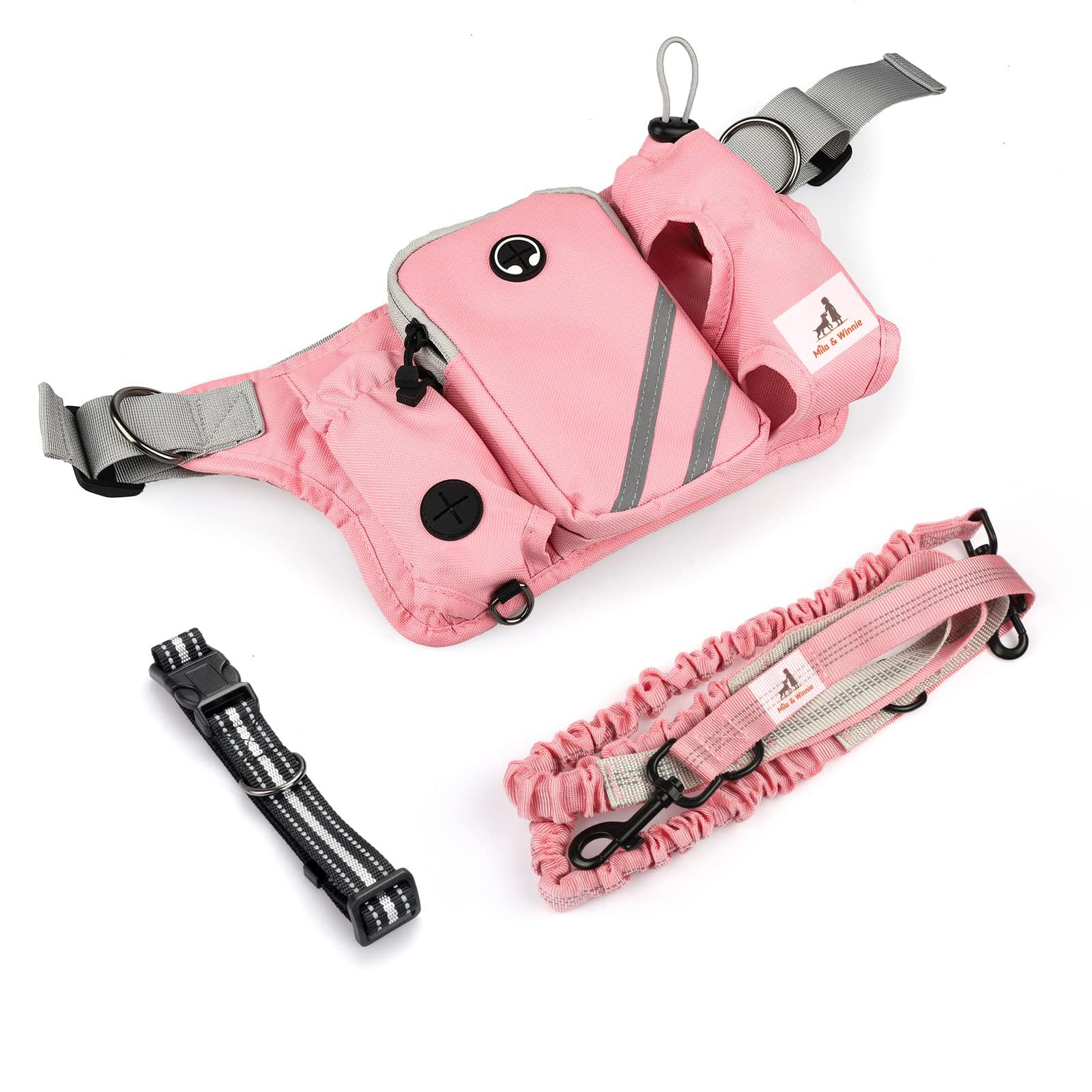 Mila & Winnie Hands Free Dog Leash with Zipper Pouch - Waist Belt with Multi Pockets Bag - Reflective Stitching Bungee with Running Waist Belt & Head Collar for Dogs Training, Jogging, Hiking, Pink