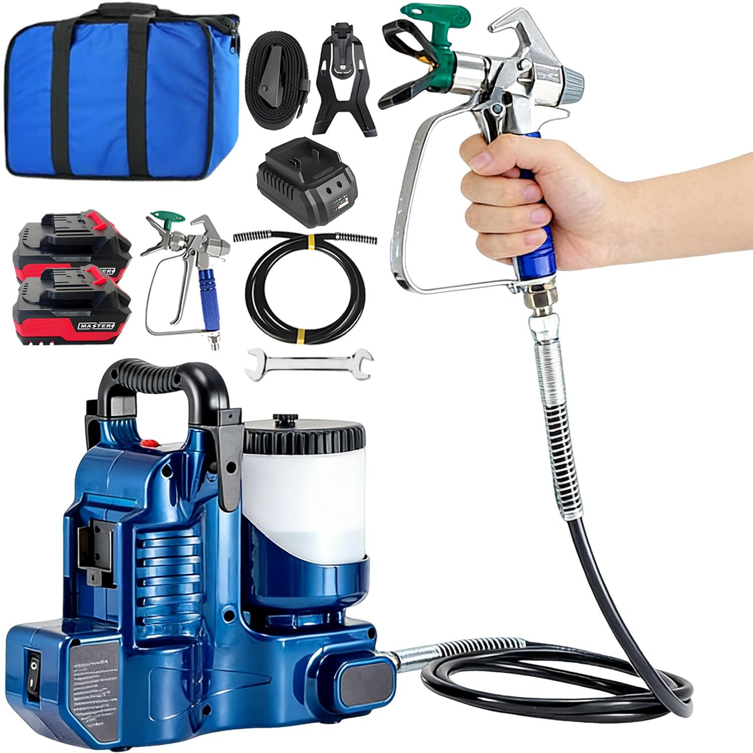 Pistola De Pintura Electrica 750 W, Maquina De Pintura Airless 1,2 L, 12,5 Mpa, Presión Ajustable En 6 Niveles, con 2 Baterías De 21 V Y Manguera De 1,80 M, 2 L/Min, para Paredes, Vallas