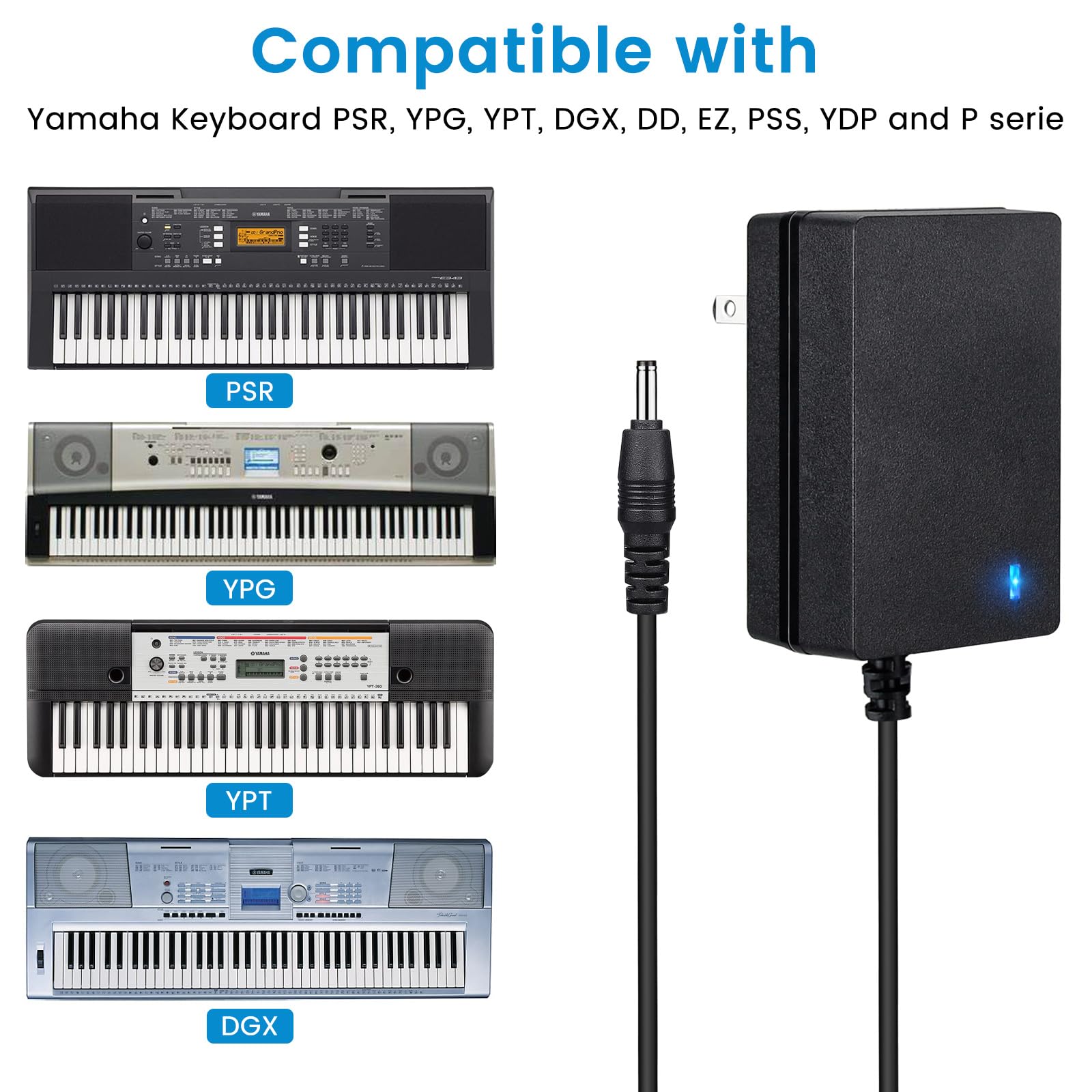 Cavo di alimentazione da 3 m per tastiera Yamaha PSR, YPG, YPT, DGX, DD, cavo di ricarica per pianoforte digitale, adattatore di alimentazione 12 V con indicatore luminoso