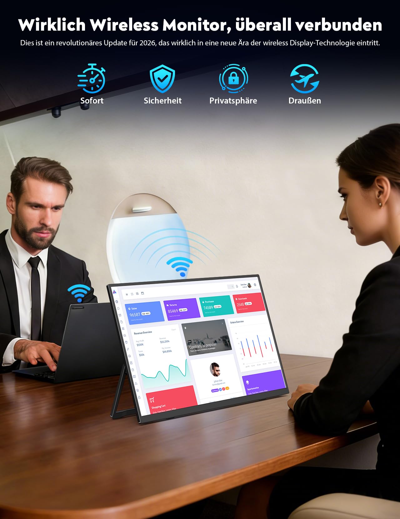 MAGICRAVEN Drahtloser Portable Monitor mit 8000-mAh Akku, 15,6 Zoll 1080P Tragbarer Monitor, Laptop Bildschirm Erweiterung, Mobiler Monitor IPS Screen, Unterstützt AirPlay/Miracast,für Laptop/Telefone