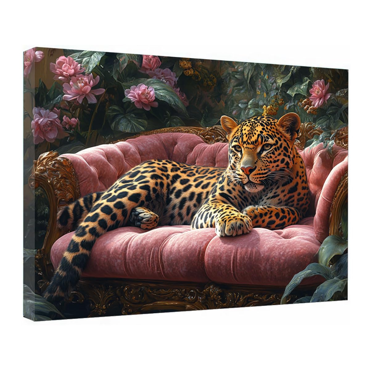 TZKRWRH Leopard Canvas Print Animals Preppy Poster Leopards On Pink Couch Cheetah Modern Maximalist Boho Wall Art Panther Painting Vintage Canvas Office(Pink 33)-20x30cm Framed