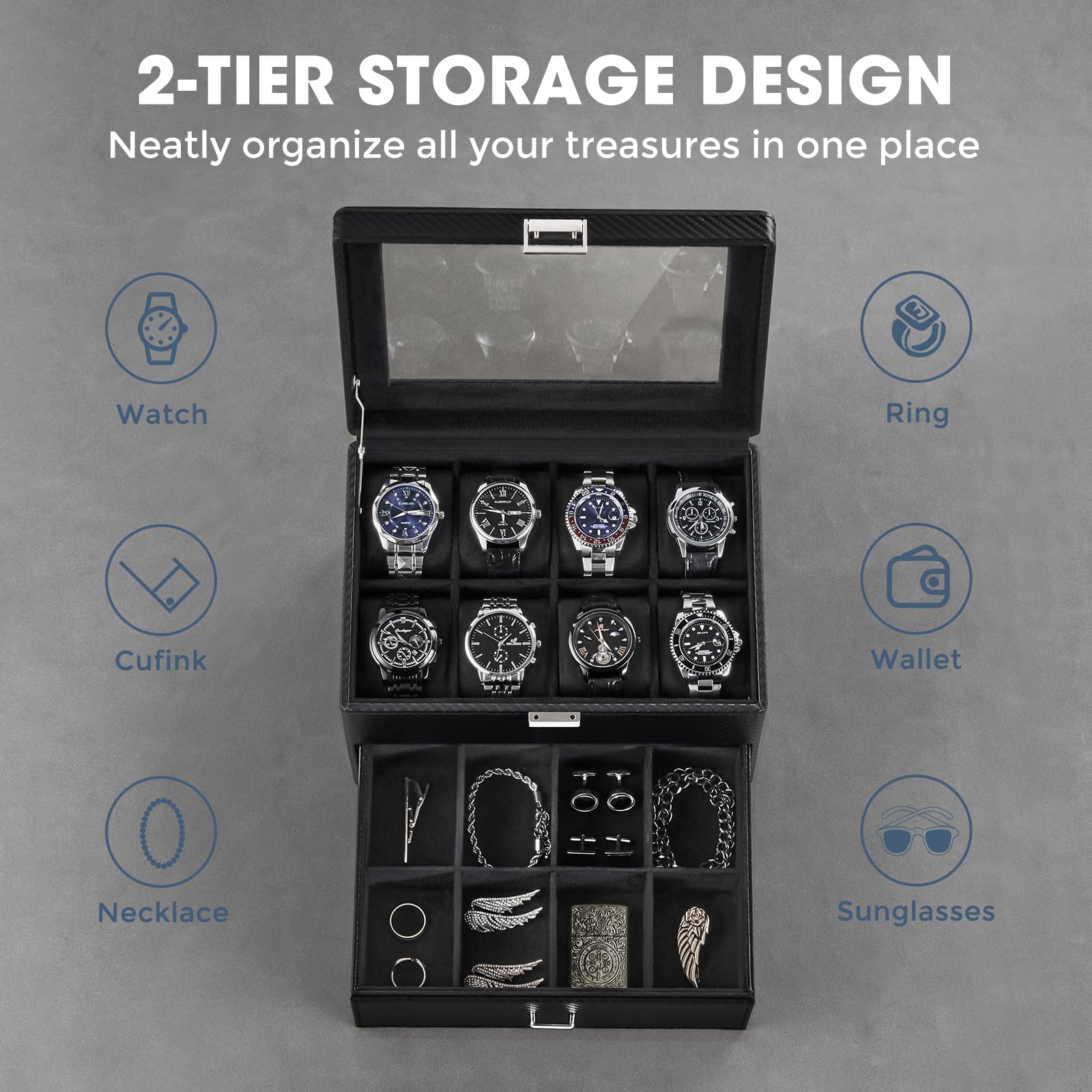 Caja para Relojes para Hombre, Organizador de Joyas con cajón, Estuche de exhibición con Tapa de Cristal - Totalmente Negro, 16 Ranuras