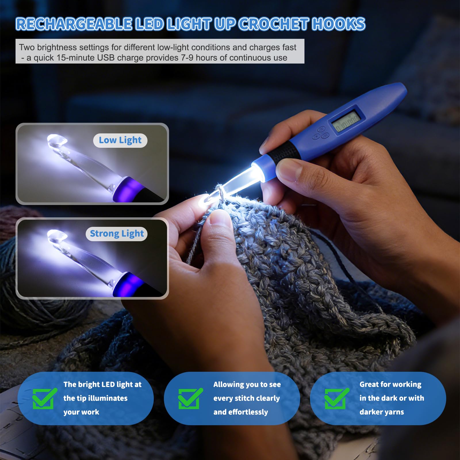 Aeelike Leuchtende Häkelnadel-Set, 18 Größen, 2 mm - 14 mm, austauschbare Häkelnadel mit Licht und Stichzähler, wiederaufladbar, LED-beleuchtet, ergonomische Häkelnadeln für arthritische Hände und
