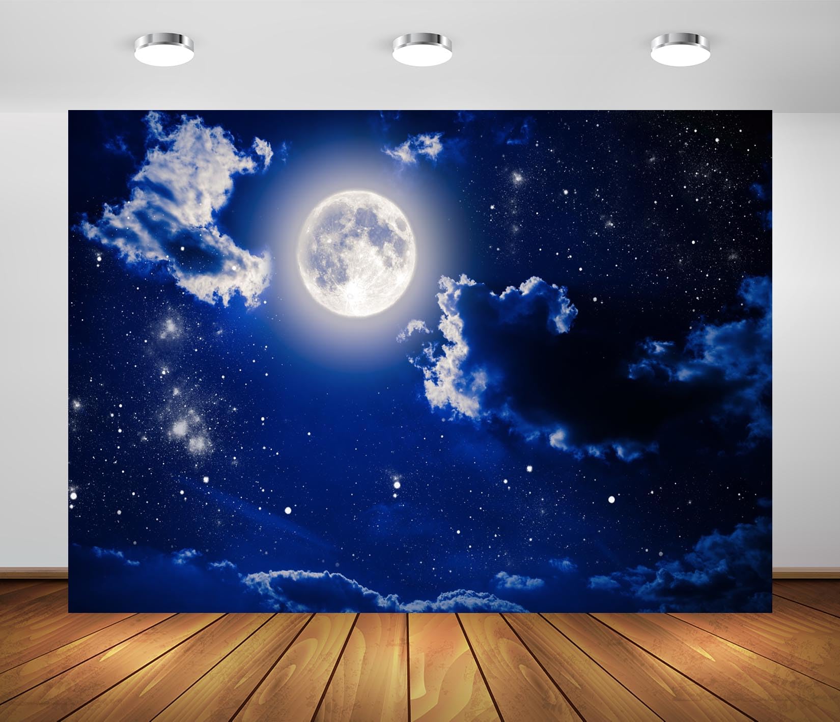 CORFOTO Fabric 7x5ft Night Full Moon Backdrop Cloudy Night Sky Stars Full Moon Background Starry Night Sky Moon Background for Full Moon Party