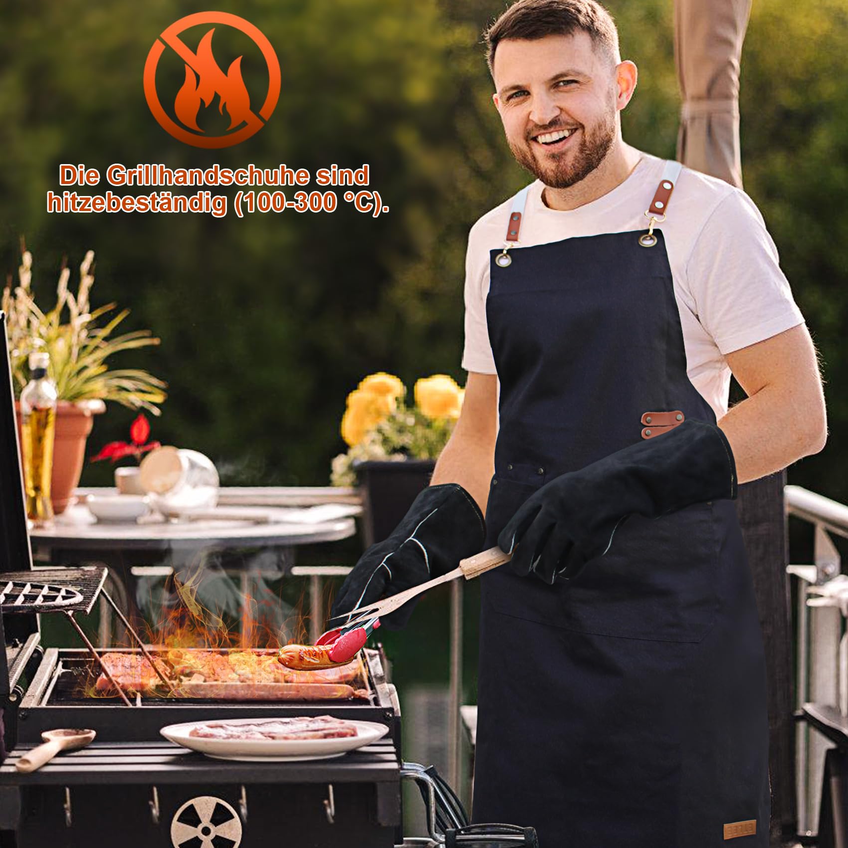 Grillhandschuhe Hitzebeständig 300°C Leder + Canvas Grillschürze für Männer – Ofenhandschuhe & Kochschürze Herren mit Metallknöpfen, Grillzubehör Geschenk für BBQ, Küche